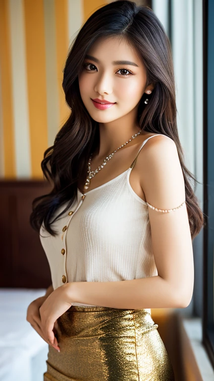 Full body photo, 1 beautiful Asian girl; pink shirt, intricately embroidered shirt, unbutton the shirt, shirt buttons made of emeralds; (Super short bodycon skirt), the back of the skirt wraps around the navel, blue underwear exposed, ((hairy cunt)); long hair,wind blowing through hair; wearing jewelry, natural makeup, wearing modern jewelry, makeup gold and gem jewelry; ((extremely detailed eyes and face)), lovely smile, delicate blush, sensuous lips, fragrant lipstick, intricate facial details, exuding femininity, feminine presence; two beautiful, perfect, flawless hands; standing position, crotch spread, legs curled up; perfect skin, flawless skin texture perfect, shiny metallic skin, Pores clearly visible; (((The background is the bedroom, erotic))); soft lighting, vivid colors, soft sunlight, subtle sunlight, dreamy, luxurious atmosphere, perfect lighting; Super high quality, surreal, 8K, 32K, super high resolution, masterpiece, detailed, extremely magical, professional cinematic lighting, ((black and pearl beam)), vibrant colors; Fine brushstrokes,ethereal vibe,mesmerizing gaze,dreamy atmosphere,blending elegance,golden hour lighting,subtle color gradients,detailed floral patterns,understated beauty; The photo focuses on her full body with highest contrast.