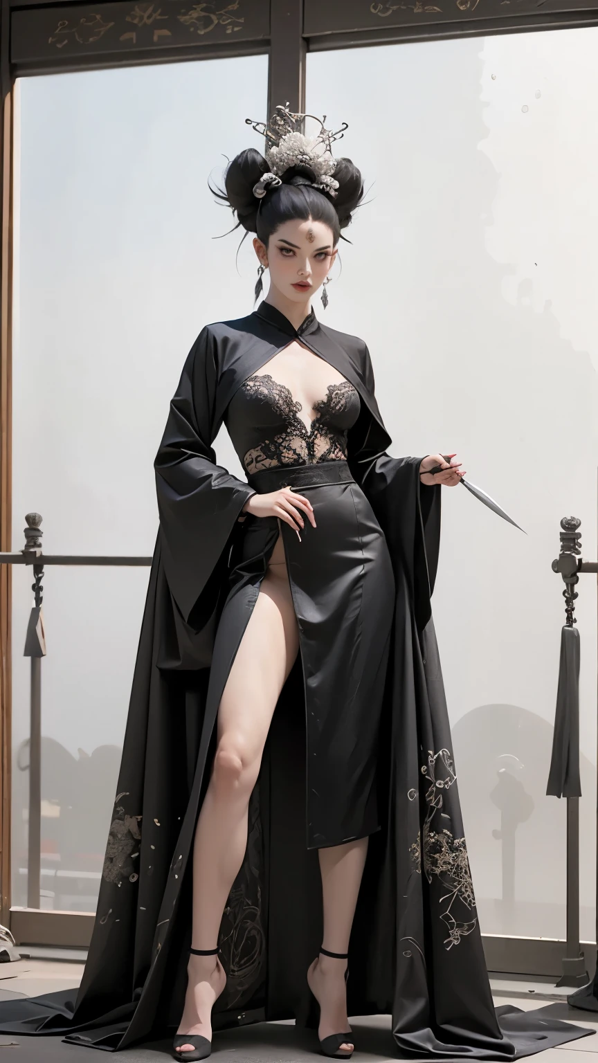 Wearing dreamy Hanfu。Tight,High heel。 protrusion。Breastarger than the torso。Perfect body,Supermodel。 Leg ring。good facial features。high quality faces。sexy idol girroup。The Ultimate Body。Smooth and delicate skin。Exquisite facial features。prostitute。A truengine。woman with smooth skin。energetic woman。Crazy horse show。Sexy hot woman。Immortal Cuvator。hat,Knife crown,Hairpin。Cloak。Model shooting poses。Wearing a see-through top。