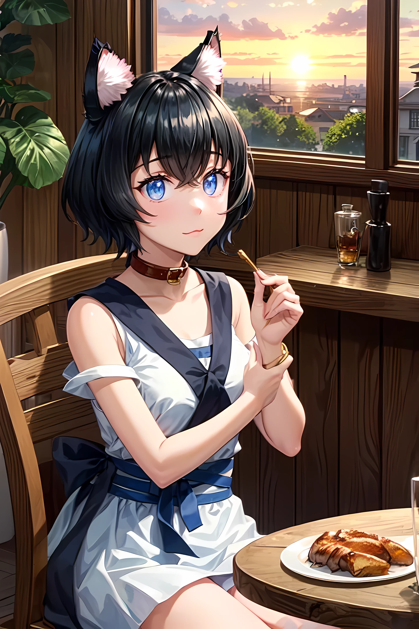 (masterpiece), (high_quality:1.3), Miria, cat ears, collar, :3, looking_at_viewer, cat_tail, indoors, wooden_house, fish, morning, sunrise, [[forest]], medieval, anime