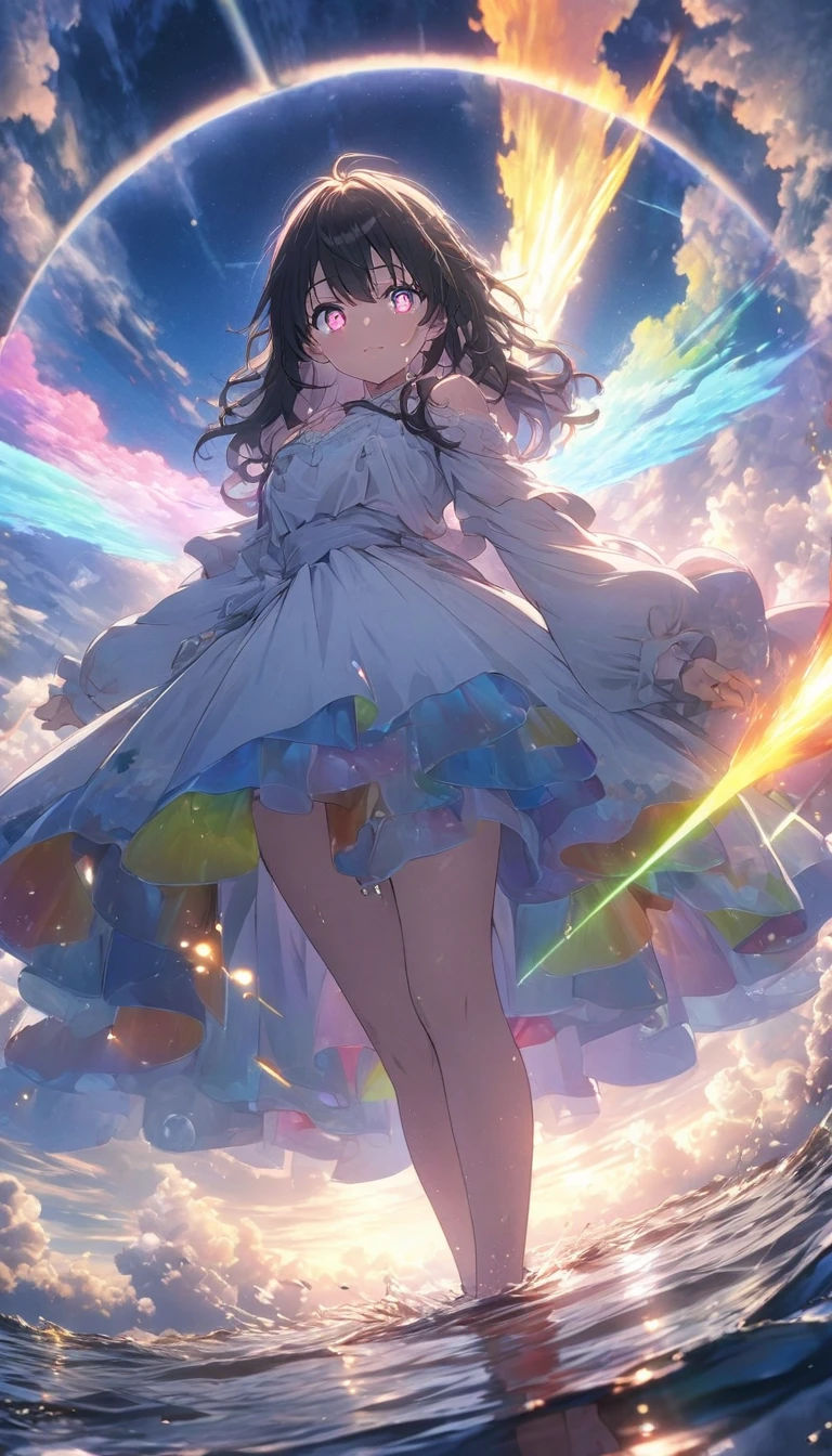 (highest quality、masterpiece、High resolution、Detailed)、(Shining eyes、Detailed美しい顔)、anime, BREAK,1 girl, eye, close, Beautiful night sky, Meteors, beyond the clouds, Surrounded by water, reflection, Wide Angel, breathtaking clouds, Wide-angle, animeスタイル, HDR, Volumetric lighting, Ray Tracing, Complex, Advanced Details, very detailed, deviant, 4K vertical wallpaper,, colorful, well-ventilated, animeイラスト, animeの自然の壁紙、Dynamic Angles