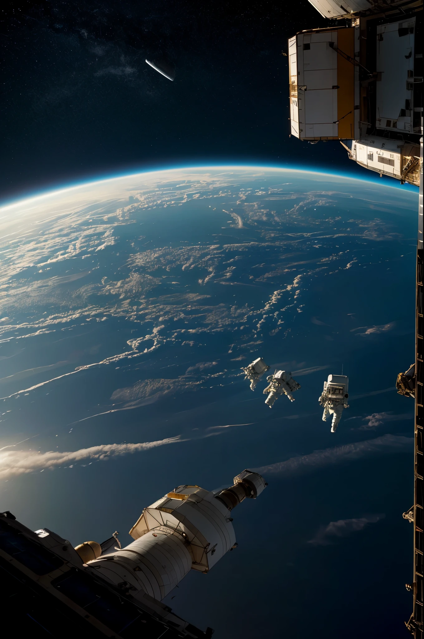 Astronauts wave goodbye to Earth on a rundown spaceship, NASA, cinematic lighting, surreal, sci-fi, Earth