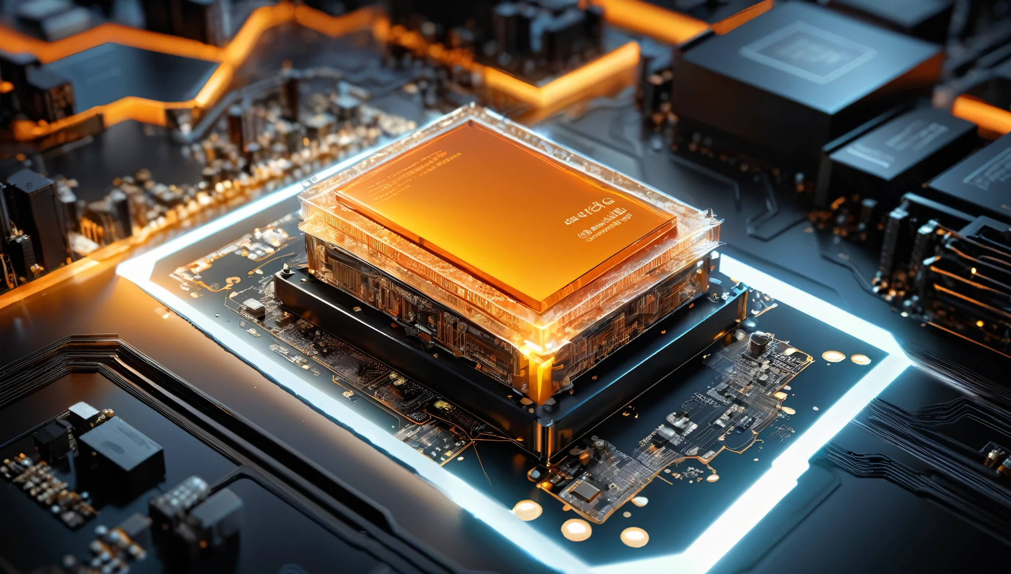 orange tint,chip,Product Close-up,Close-up of the Photogram,film rendering,C4D,High-speed flow,3d,ultra-high definition texture details,integrated circuit,cou,network,data stream,Special effect,(The emitted light converges in the middle:1.5),container_architecture