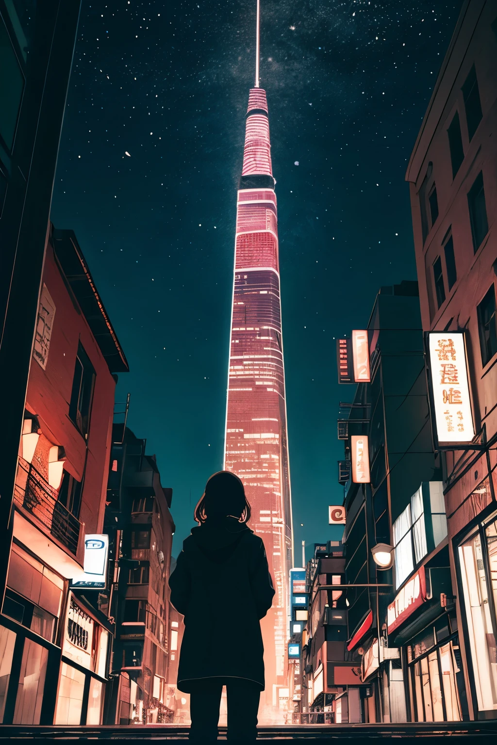 ((highest quality)), ((masterpiece)), (detailed), Anime Art, City of night, young woman, 22 o'clock, neon, Seen from afar, alone ,looking up at the sky,Back view, no text, No sign