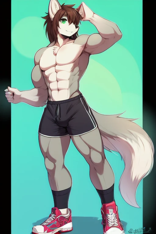 Solo, male (((horse, muscular, huge muscles, broad shoulders, abs, brown fur, brown body, brown hair, blue underwear))) twerking, By mystikfox61, by chunie,