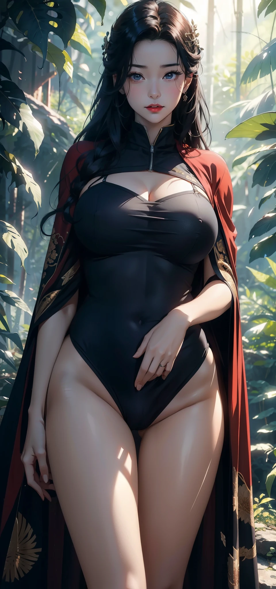 1 female,45 years old,married woman,milf,Large Breasts,Long legs,Big breasts and thin waist, 照片曝Light, Solitary,(background:in the woods,rainforest,In the summer) She has long black hair,Red lips,stand up,front view, OK, The sky is mostly cloudy,(((masterpiece),(Highly detailed CG Unity 8k wallpaper),最OK质量,Light,详细background,beautiful eyes,Smart pupils,(very delicate and beautiful),(Beautiful and detailed eye descriptions),Ultra Detailed,masterpiece,)),Facing the camera,high resolution,Ultra Detailed),Show breasts,exposed genitals, Convex,Camel toe,Sexy bulge,heroine,navy(wear:officer,red cloak,badge)