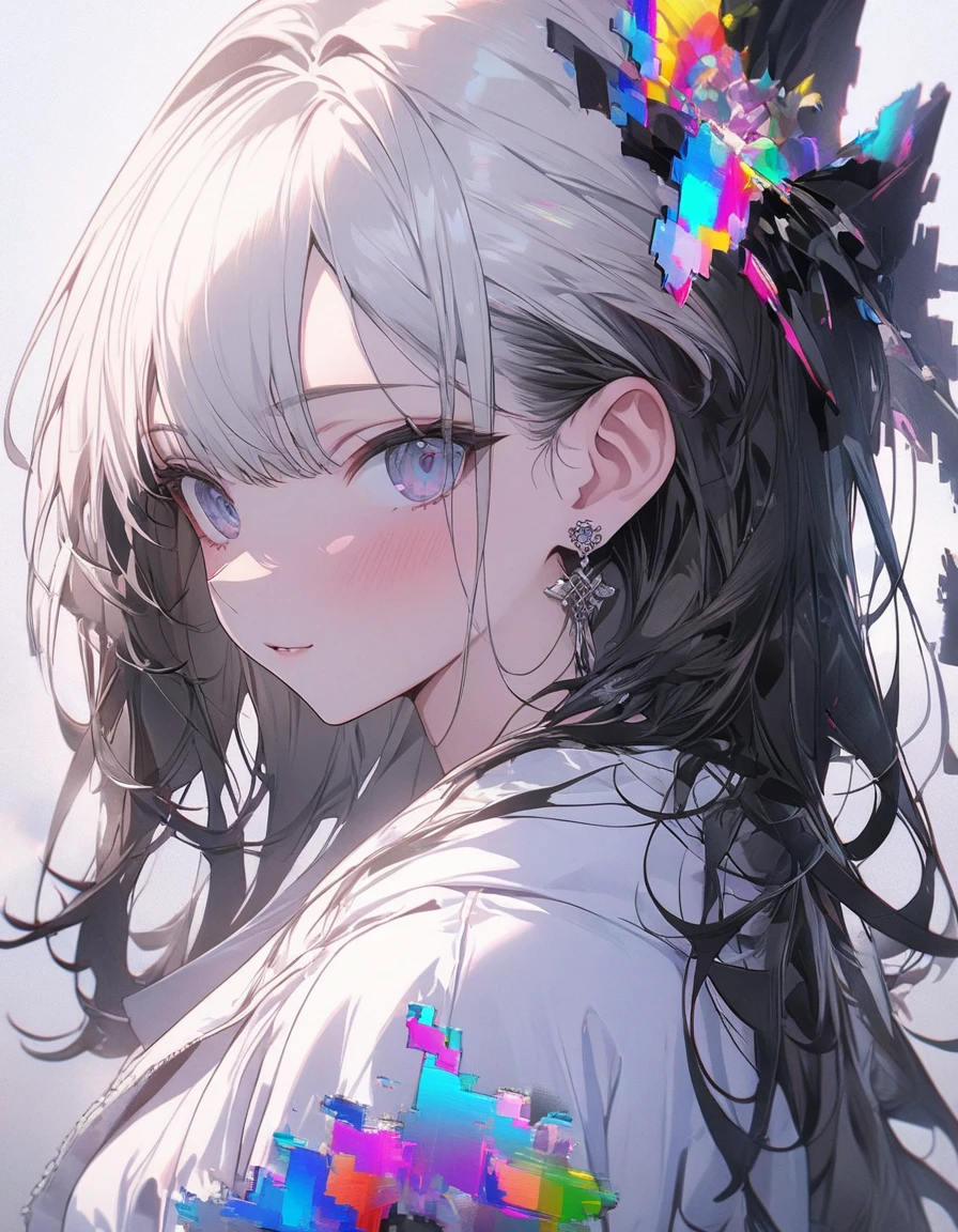 (masterpiece, highest quality, highest quality, (No text), Beautiful and aesthetic:1.2),No text,anime、 BREAK, 1 Girl, Glitch Art, (Digital Distortion), pixelated fragment, Data Corruption,Colorful Noise, Visual clutter,Modern aesthetics、(Black and white art:1.8)
