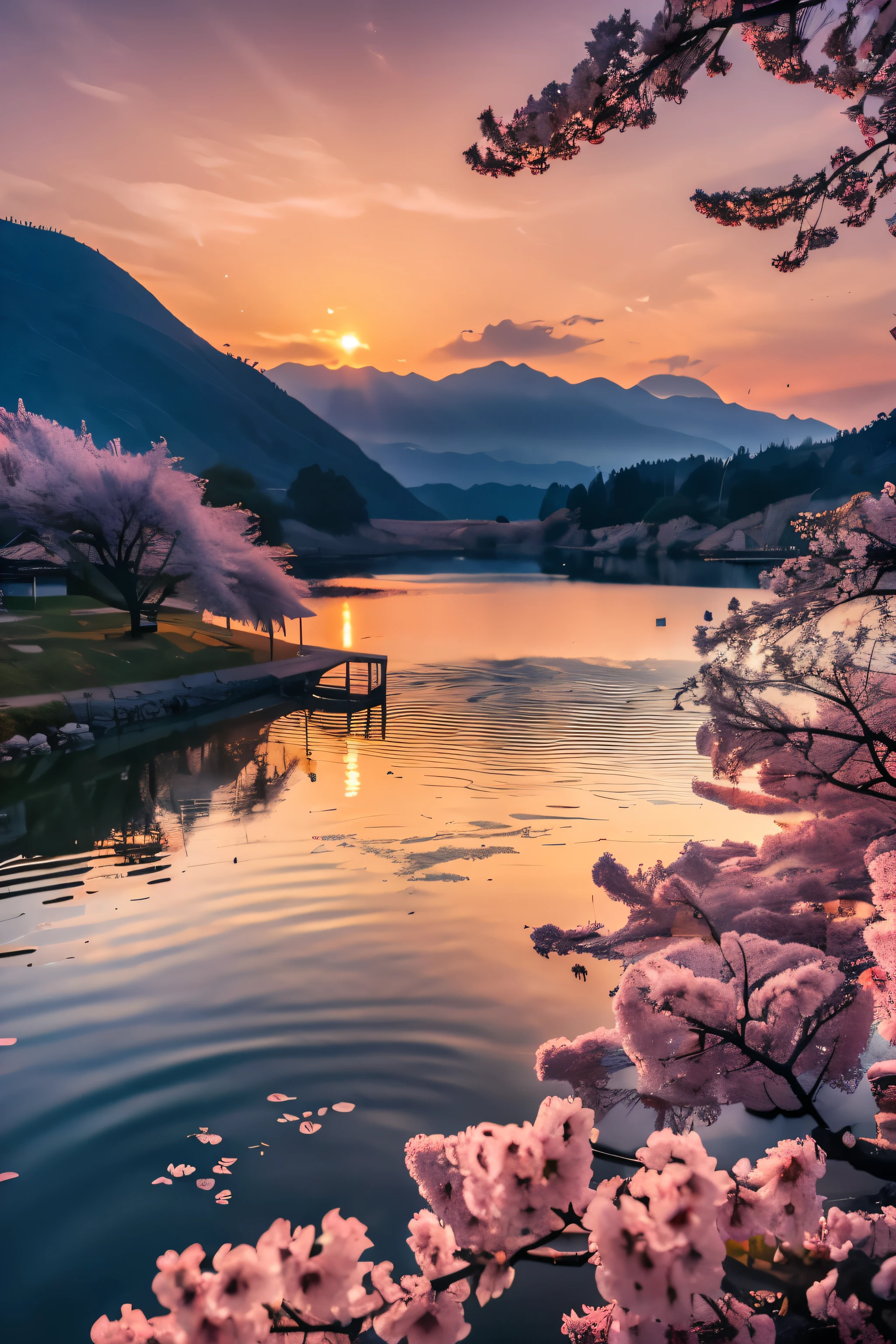 Lake surface at sunset　Cherry blossom petals fluttering　Awesome Wallpapers　Landscape without people　Nostalgic scene　Highly detailed digital art in 4K　Burning sky　