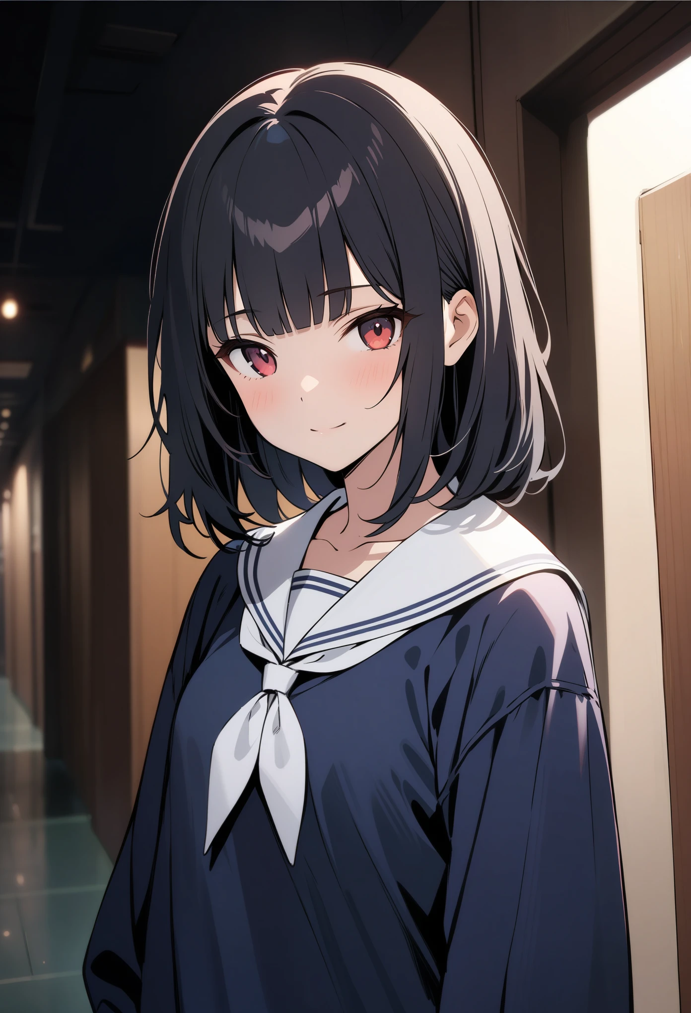 Top image quality,Top animation quality,((masterpiece)),HD,1080P,(low angle),solo,upper body,(A girl,(close mouth),light smile,extremely detailed neat hair,black hair,neat bangs),loose sailor suit,hallway background,(Dense network),dark feeling,bleak,(horror feeling)