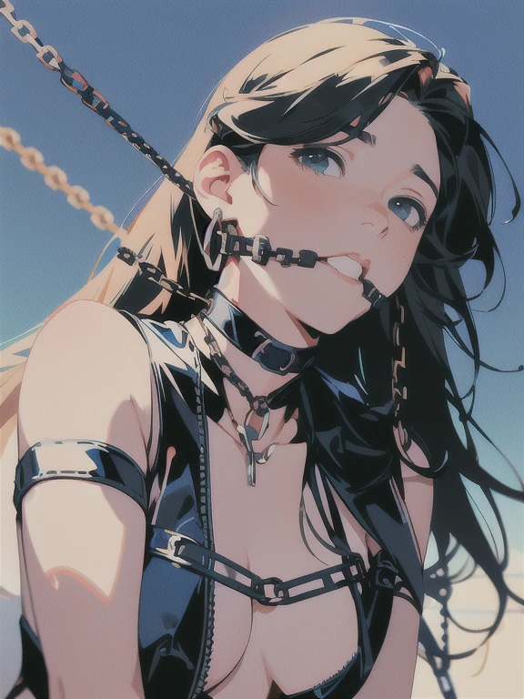 (superflat, masterpiece, flat shading, flat colors:1.1), Cinematic shot, Masterpiece, 2 girls , 2 beautiful females, halo, fingering, female masturbation:1.2, chained:1.2, chains, tied, golden chain, chain around bodies , chained collar, handcuffs, (hands in panties), stockings, slim, (cold light, cold blue tones), flat blue background, highly detailed, best quality, closeup,