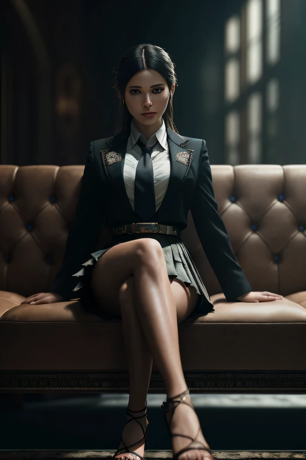 (masterpiece), (extremely intricate:1.3), (realistic), portrait of a girl, (dark fantasy, gore), (dynamic perspective), the most beautiful in the world, (kick viewers lightly), indoors, from below, shirt, tie, pleated skirt, high-heeled sandals, smirk, distant couch, Hirosaki, Aomori, professional photograph of a stunning woman detailed, sharp focus, dramatic, award winning, cinematic lighting, octane render unreal engine, volumetrics dtx, (film grain, blurry background, blurry foreground, bokeh, depth of field)