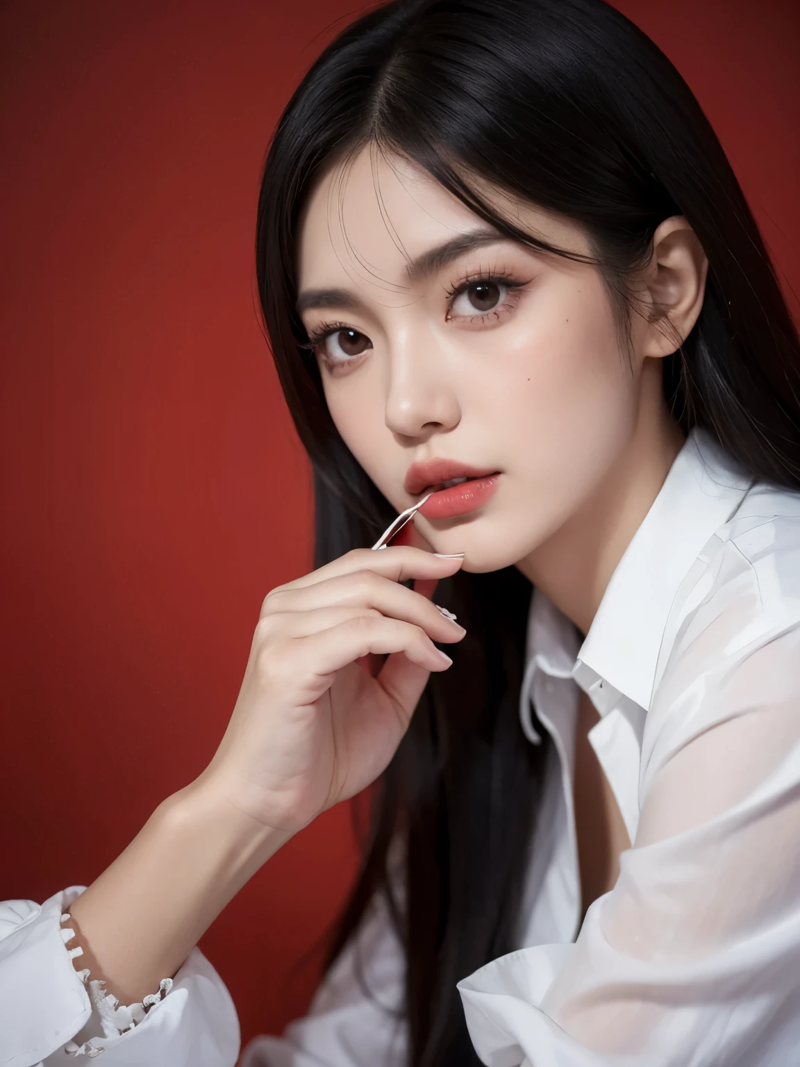 Kim jennie con el cabello negro oscuro, con rulos en las puntas del cabello negro oscuro, con un ganchito de estrella en el cabello negro oscuro, ojos de color claro, ojos bonitos, ojos llorosos, nariz bonita y respingada, labios bonitos, labios rosas, heart and cupid shaped lip, piel bonita, pale, piel blanca, con lunares y pecas en todo el rostro, rubor rosa suave en las mejilla, rubor rosa natural, maquillaje suave y rosa, jennie, cuellos bonito, cuello marcado, frown, mirada enojada, con un collar de beso, un collar bonito de beso, mientras tiene un traje de Yumeko Jabami, cospaly de Yumeko Jabami, mientras tiene una camisa blanca, con tiene un traje de color rojo encima de su camisa blanca, apretado a su cuerpo, con una falta negra corta mientras tiene el abdomen desnudo, delgado, marcado y bonito, (pechos grandes, pechos suaves, pechos bonitos, pechos naturales), mientras esta haciendo cospaly del personaje Yumeko Jabami, del anime Kakegurui, mirando a la camara, autofoto, selfie bonita