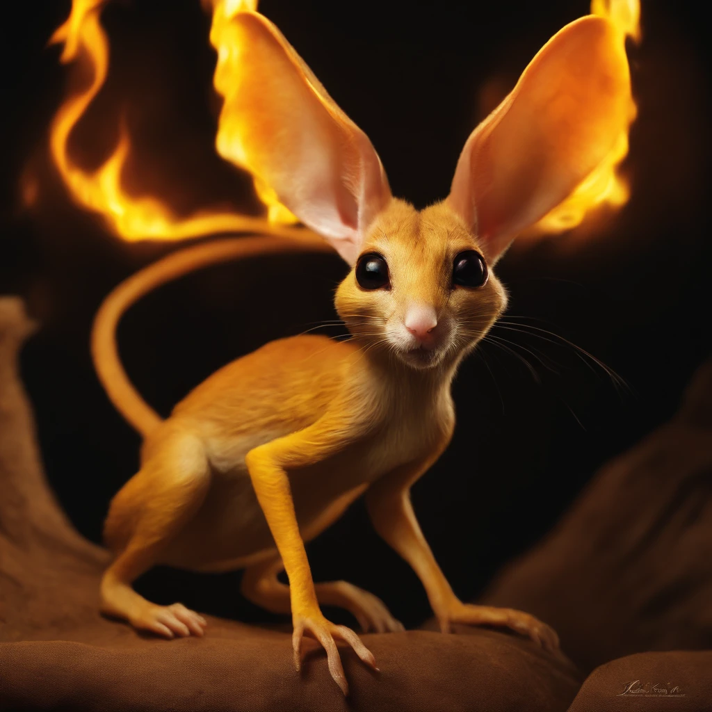 golin, jerboa-like, Huge eyes, large ears, trunk-shaped nose, bright orange and brown, long tail, engulfed in yellow flames, flame clothing, Best Quality, Masterpiece, in style of dark fantasy art, Reality,