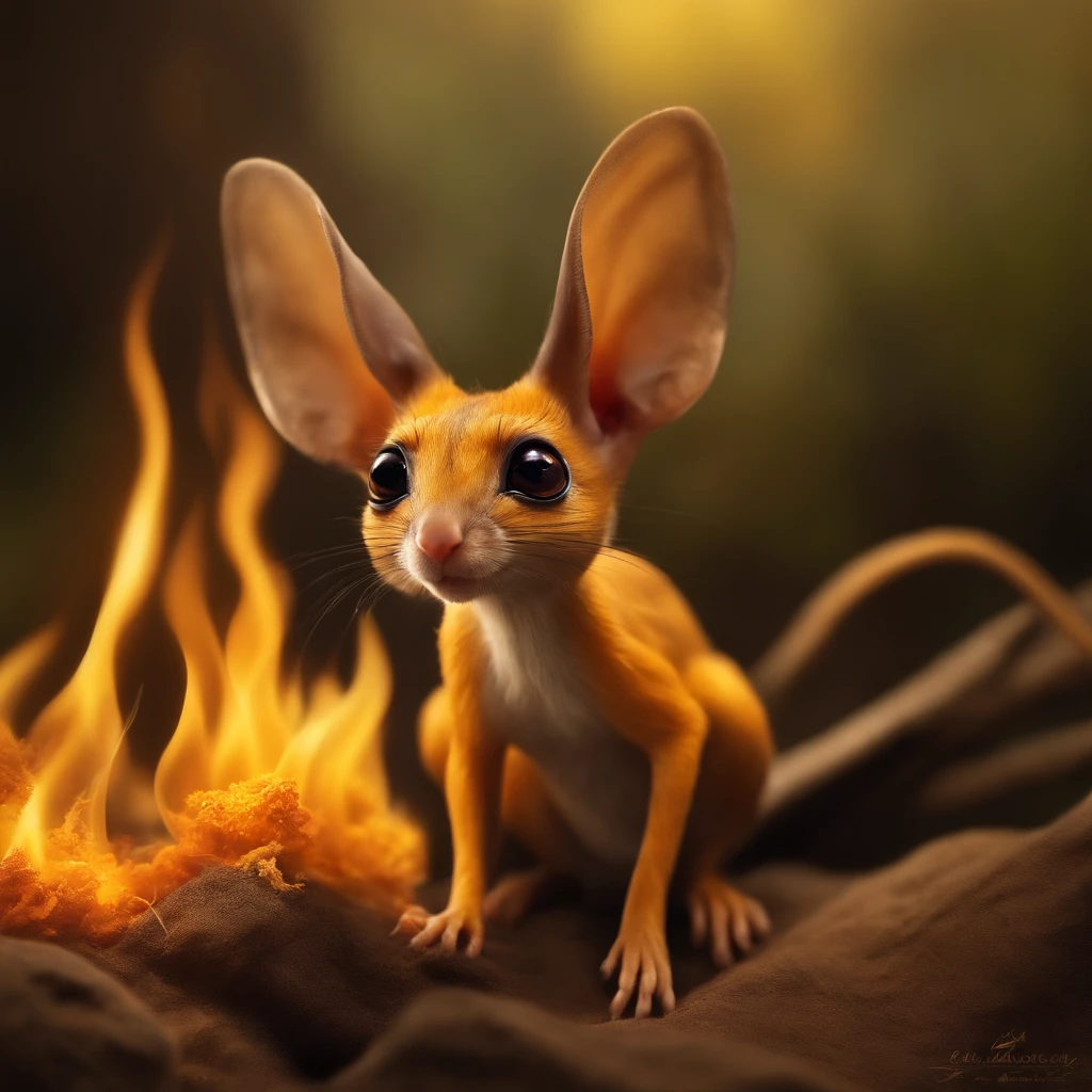 golin, jerboa-like, Huge eyes, large ears, trunk-shaped nose, bright orange and brown, long tail, engulfed in yellow flames, flame clothing, Best Quality, Masterpiece, in style of dark fantasy art, Reality,