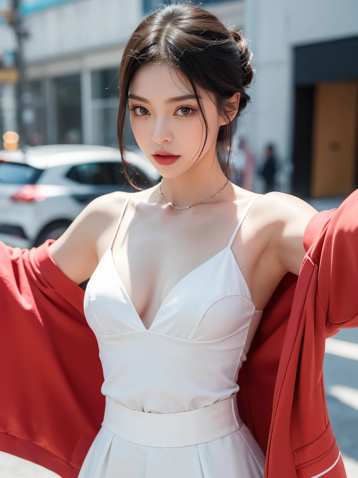 Kim jennie con el cabello negro oscuro, con rulos en las puntas del cabello negro oscuro, con un ganchito de estrella en el cabello negro oscuro, ojos de color claro, ojos bonitos, ojos llorosos, nariz bonita y respingada, labios bonitos, labios rosas, heart and cupid shaped lip, piel bonita, pale, piel blanca, con lunares y pecas en todo el rostro, rubor rosa suave en las mejilla, rubor rosa natural, maquillaje suave y rosa, jennie, cuellos bonito, cuello marcado, frown, mirada enojada, con un collar de beso, un collar bonito de beso, mientras tiene un traje de Yumeko Jabami, cospaly de Yumeko Jabami, mientras tiene una camisa blanca, con tiene un traje de color rojo encima de su camisa blanca, apretado a su cuerpo, con una falta negra corta mientras tiene el abdomen desnudo, delgado, marcado y bonito, (pechos grandes, pechos suaves, pechos bonitos, pechos naturales), mientras esta haciendo cospaly del personaje Yumeko Jabami, del anime Kakegurui, mirando a la camara, autofoto, selfie bonita