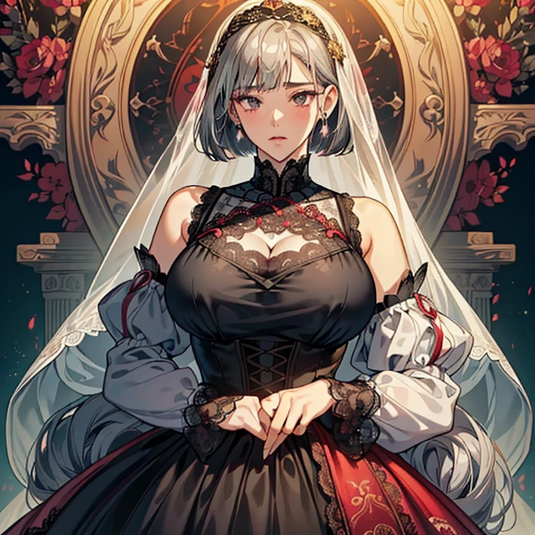 (Anime Moe Style)),((game CG)),(masterpiece),(highest quality), (Very detailed),shape,((Very delicate and beautiful)), ,Embarrassed expression,Watching the audience,(((18 years old female)),((whole body)),Detailed face and eyes,Intense eyes like jewels,(Short Bob),,,(Super huge breasts,Long and saggy breasts,) Voluptuous body Silver hair, black eyes A long-sleeved, long-skirted dress made of gorgeous lace. A lace dress that fits perfectly to the body. Gorgeous black and red lace fabric. Princess line with gold thread. Sleeveless. Veil on the head. Gorgeous lace fabric. Zanshin.