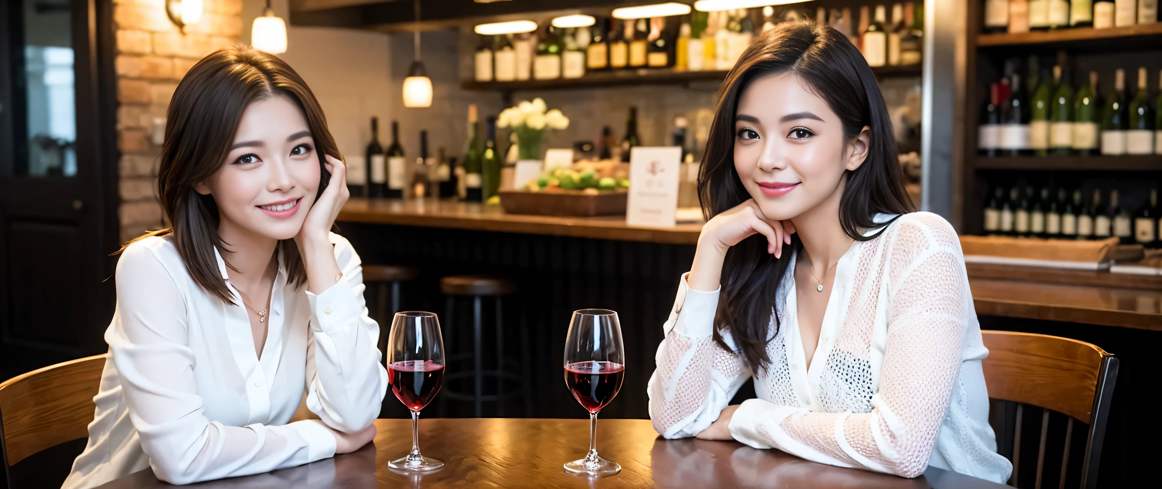 ((highest quality、8k、masterpiece:1.3))、Beautiful woman perfect body:1.4、Slim body、((Bob Hale、Straight hair:1.2))、 Ultra-high resolution, Bright image、2. The beauty of wine, Beautiful Face, blue eyes, Beautiful Eyes, The light shines on your face, Blushing your nose, short hair,Spectacular view of the sunset sky and clouds、Amazing mountain views、A bright smile、A lovely woman with a smile、bright face、Fox face、Lady、Champagne、Wine bottle、wine glass、red wine 、Appetizer、Italian food、Two beauties、brown hair、Shortcuts、Long sleeve shirt、Winter Fashion、dress、Wine bottle、sparkling wine、Pretty Woman 1, (slim face), (brown hair), (Shortcuts), cheeks turn a little red, (42 years old), 39 years old, charming beauty、restaurant, Nova Frog Style, actress, model, Upper Body, White wine, slim, wine glass, wine glass placed in the middle, smile, (smile: 1.15), Beautiful Eyes, Strong light and shadow,Moist Body:1.5、Delicate eyes、brown hair、The hair is very shiny、
