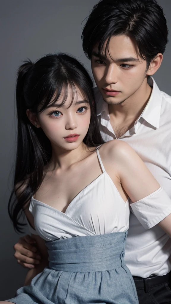(young man 25 years old)、(The young man hugged her from behind and spoke into her ear.)、The other men grabbed her in a cocky manner.、Pick up a white skirt and rock your knees back and forth.、picture、Masterpiece、best quality、dark gray background、(1 The girl's blue eyes and two meter long black hair)、Waiting for you to use until your stomach is full with small buttocks breastini Sexy Swing Skirt Round:1.3)、(white open shoulder shirt:1.3)、The old man leaned on her from behind and picked her up.、