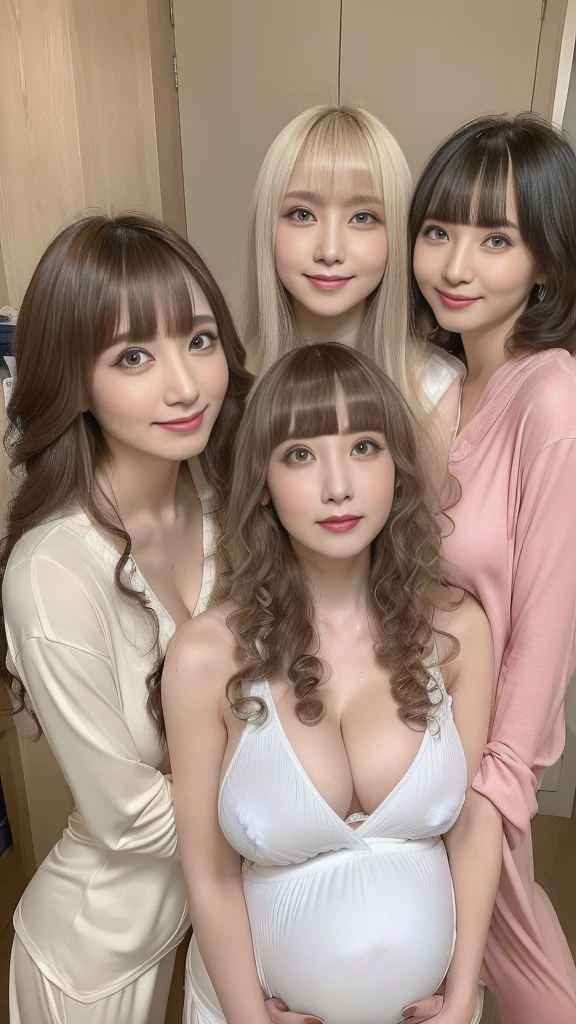 (((Japanese、Three people are lined up side by side)))、masterpiece、highest quality,Ultra HD,Grin,bed, Very detailed and beautiful、Very detailed and beautiful,(((20-year-old woman、Mature attractive woman、(Big Tits:1.4)、tareme、brown eys、、True Face、Looking at this、realistic,night invitation、lure、Pregnant women,Curly Hair,Blonde,Gal-style makeup,sleepwear,very long hair,(parted bangs)、Long eyelashes、brown eys,topless