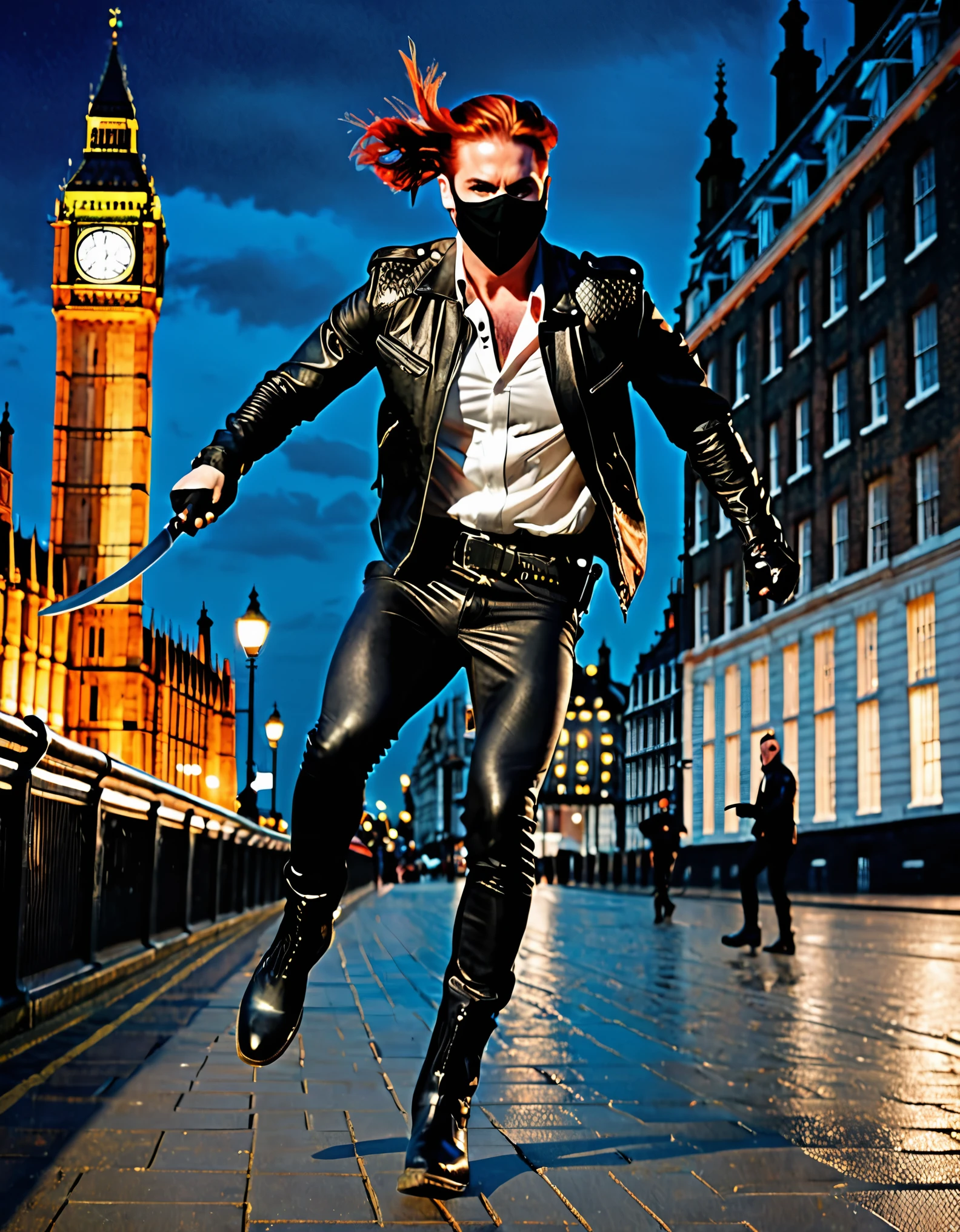 portuguese male, tall male, (dynamic running pose), red hair, long hair, braided ponytail, auburn eyes, ((black mask)), serial killer, flamboyant, (black leather jacket, white shirt, tight pants), (holding throwing knives), leather gloves, leather cowboy boots, punk, ninja, psychopath, london backdrop, big ben, cowboy shot, (night sky, dusk, midnight), ((police cruisers chasing after him)), full body costume design