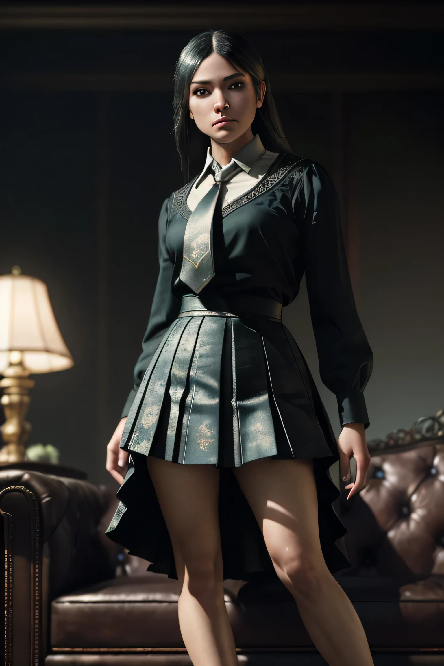 (masterpiece), (extremely intricate:1.3), (realistic), portrait of a girl, (dark fantasy, gore), (dynamic perspective), the most beautiful in the world, (kick viewers lightly), indoors, from below, shirt, tie, pleated skirt, high-heeled sandals, smirk, distant couch, Hirosaki, Aomori, professional photograph of a stunning woman detailed, sharp focus, dramatic, award winning, cinematic lighting, octane render unreal engine, volumetrics dtx, (film grain, blurry background, blurry foreground, bokeh, depth of field)