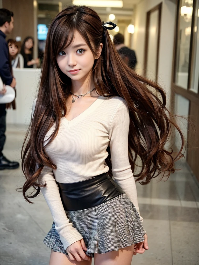 ((super high quality:1.2,super high quality:1.2,photo reality:1.2,超A high resolution,Super quality,alone,No medical defects,not medically excessive)),(Perfectly balanced body),looking at the camera,smile,blush,(double good),(Light brown hair),(Very long hair),(V-neck sweater),Mini skater skirt,check,hairpin,Hair Ribbon,Knee-high boots,Cowboy Shot,please put your hand on your chest