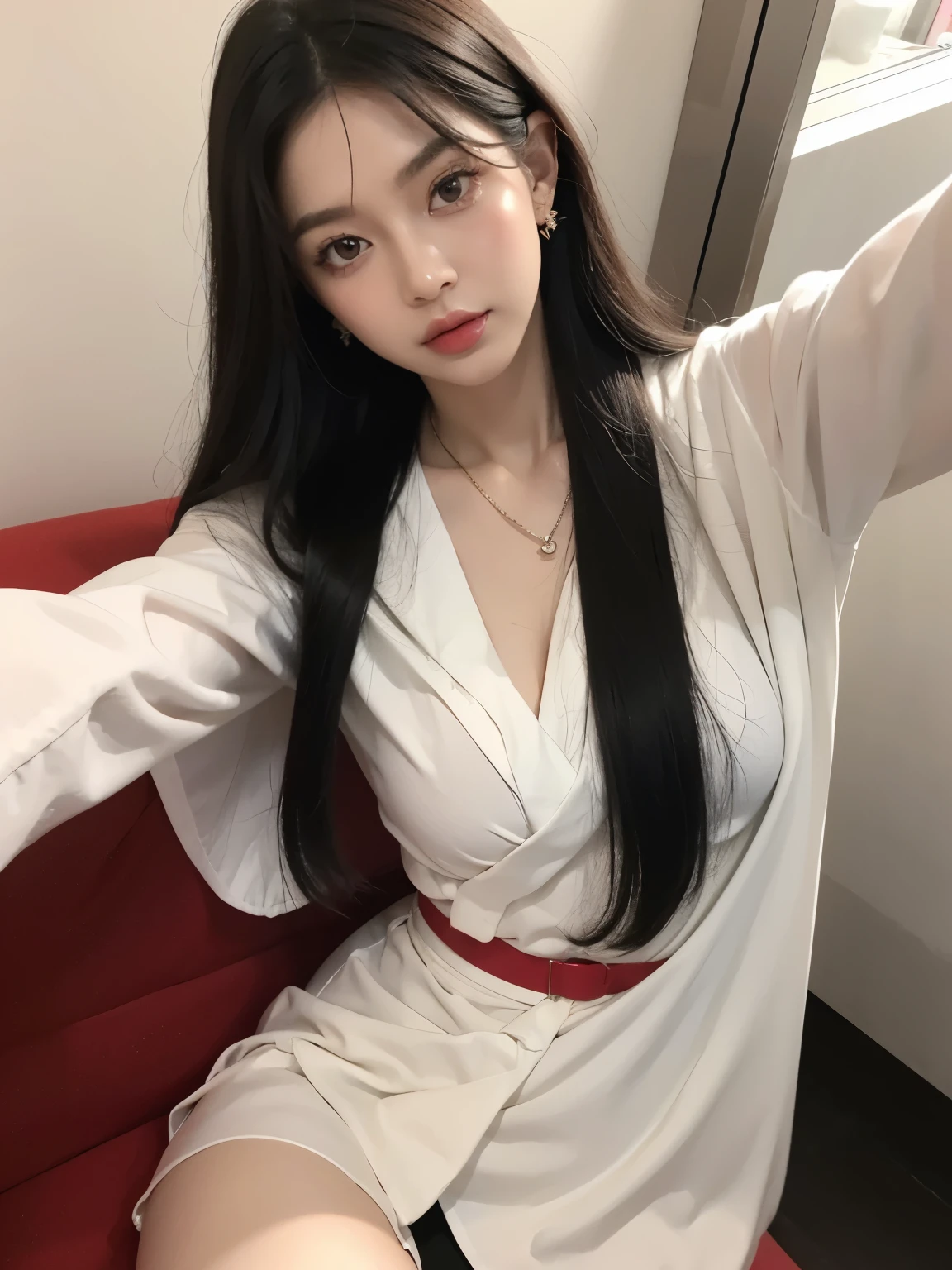 Kim jennie con el cabello negro oscuro, con rulos en las puntas del cabello negro oscuro, con un ganchito de estrella en el cabello negro oscuro, ojos de color claro, ojos bonitos, ojos llorosos, nariz bonita y respingada, labios bonitos, labios rosas, heart and cupid shaped lip, piel bonita, pale, piel blanca, con lunares y pecas en todo el rostro, rubor rosa suave en las mejilla, rubor rosa natural, maquillaje suave y rosa, jennie, cuellos bonito, cuello marcado, frown, mirada enojada, con un collar de beso, un collar bonito de beso, mientras tiene un traje de Yumeko Jabami, cospaly de Yumeko Jabami, mientras tiene una camisa blanca, con tiene un traje de color rojo encima de su camisa blanca, apretado a su cuerpo, con una falta negra corta mientras tiene el abdomen desnudo, delgado, marcado y bonito, (pechos grandes, pechos suaves, pechos bonitos, pechos naturales), mientras esta haciendo cospaly del personaje Yumeko Jabami, del anime Kakegurui, mirando a la camara, autofoto, selfie bonita