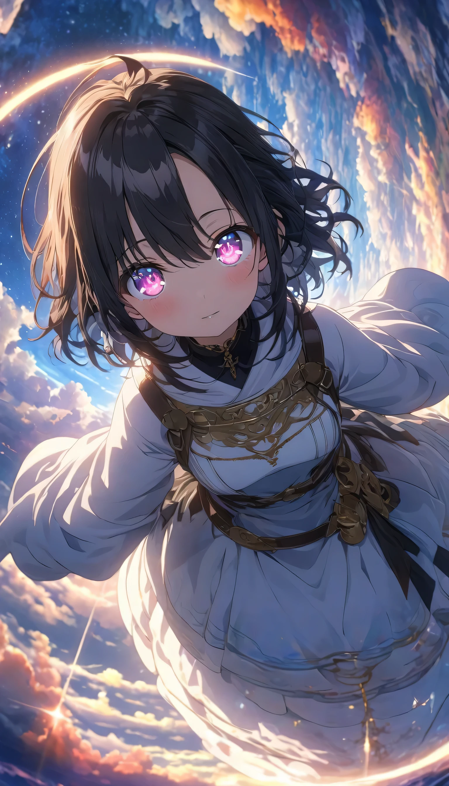 (highest quality、masterpiece、High resolution、Detailed)、(Shining eyes、detailed beautiful face)、anime, BREAK,1 girl, eye, close, Beautiful night sky, Meteors, beyond the clouds, Surrounded by water, reflection, Wide Angel, breathtaking clouds, Wide-angle, anime style, HDR, Volumetric lighting, Ray Tracing, Complex, Advanced Details, very detailed, deviant, 4K vertical wallpaper,, colorful, well-ventilated, ANIME Illustration, anime nature wallpaper、Dynamic Angles