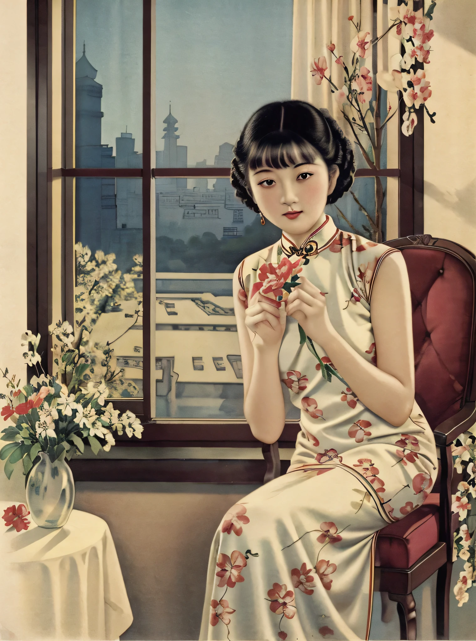 (masterpiece,best quality),retro poster, 1 Girl,wearing cheongsam，Holding flowers, phonograph, Sitting by the window，Retro old Shanghai style，traditional media, Bangs, sitting, Chair, Looking at the audience, (Beautiful and delicate face), (Beautiful and delicate eyes),