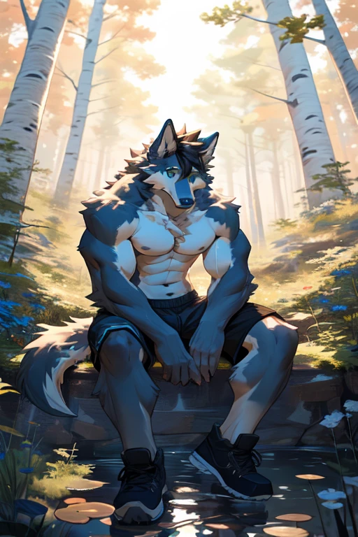 by milkytiger1145, (1boy), solo, male, (blue wolf), naked, hot body, muscle, sexy, handsome boy, adult, (detailed black eyes), white eyebrows, (1 detailed big hard genital), thick body; masterpiece, high res, best quality, 8k, nsfw, under sky, full body, lineart, sleepless
