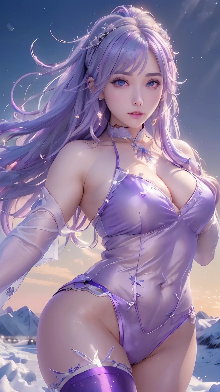 (logo、masterpiece、8k、table top、RAW photo、wonderful、最high quality、Photorealistic and hvery detailed CG integrated 8k wallpaper、high quality、very detailed、Narrative poem、particle effects、dynamic effects、written boundary depth、cinematic light、Lens flare、ray tracing)、fantasy、 (1 beautiful woman、light purple hair、beautiful face、real face、beautiful detailed eyes、beautiful skin、woman dancing gracefully:1.7、woman dancing gracefully:1.7)、Hair flutters in Wind、hair bouncey hair dances in the wind、hair jump、halter neck、leather pants suit、leather jacket、silver earrings、night、Wind、darkness、snow and hoarfrost、very cold winter day、snow-capped mountainや森、hoarfrost、snow-capped mountain々、The beauty and brilliance of frost-covered trees、Serenity and beauty meadow of ice and snow world、vast land、Lakeside、wonderful scenery、Beautiful natural wind scenery、night sky、Wind、cherry blossoms、cherry blossomsの花びらが舞っている、SakuraFubuki、falling petals