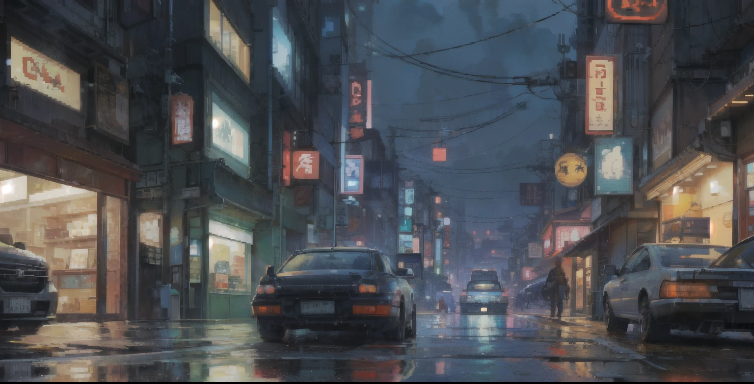 (pixel art_1.1),Man, sword, cat, shop, Cyber punk, japan, Drizzle, Puddle, Motorcycle, car, night,