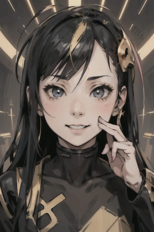 (High resolution), (Ultra delicate), (clear), Realistic,((A girl with black hair and gold inner color)).(((cyber punk))),face,Skin realism、High jumps、かわいい笑face、hilarious pose、A fusion of Japanese style and the near future