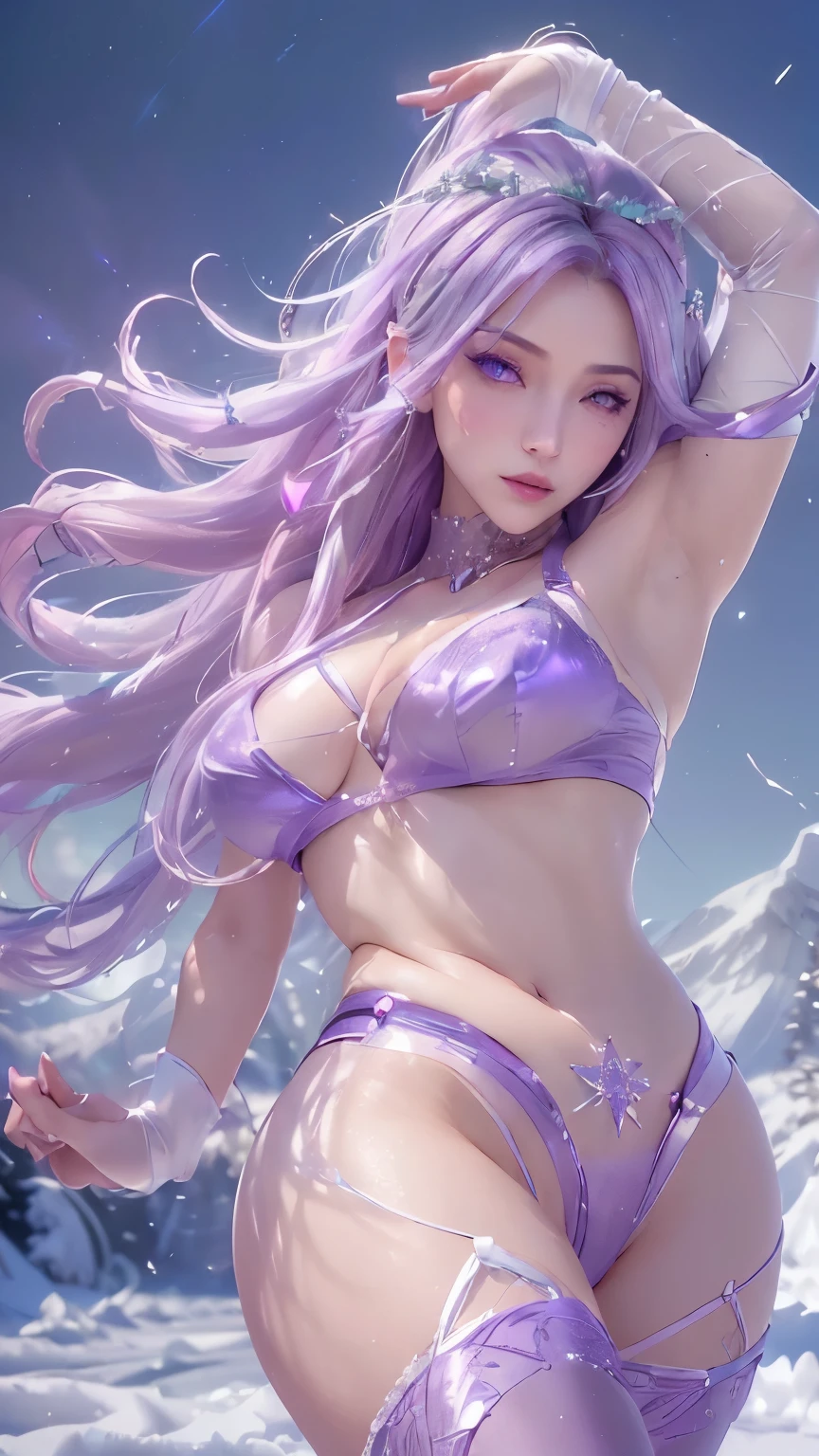 (Amazing, 8k, Tabletop, RAW Photo, Amazing, Top Quality, Photorealistic and Highly Detailed CG Integrated 8k Wallpaper, High Quality, Highly Detailed on Logo, Narrative Verse, Particle Effects, Dynamic Effects, Character Boundary Depth, Cinematic lights, lens flares, ray tracing), Fantasy, (1 Beautiful woman, light purple hair, beautiful face, bare face, detailed eyes, beautiful skin, graceful dancing woman: 1.7, graceful dancing woman: 1.7), Hair flying in the wind, hair bouncing in the wind, hair jumps, halter necks, leather pantsuits, leather jackets, silver earrings, night, wind, darkness, snow and hoarfrost, frigid winter days, snow-capped mountains, Forest, hoarfrost, snow-capped mountains, beauty and shine of frost-covered trees, meadows of silence and beauty in the world of ice and snow, vast land, lakeside, wonderful scenery, beautiful natural wind scenery, night sky, wind, cherry blossoms. , cherry blossom petals are dancing, cherry blossom blizzard, falling petals