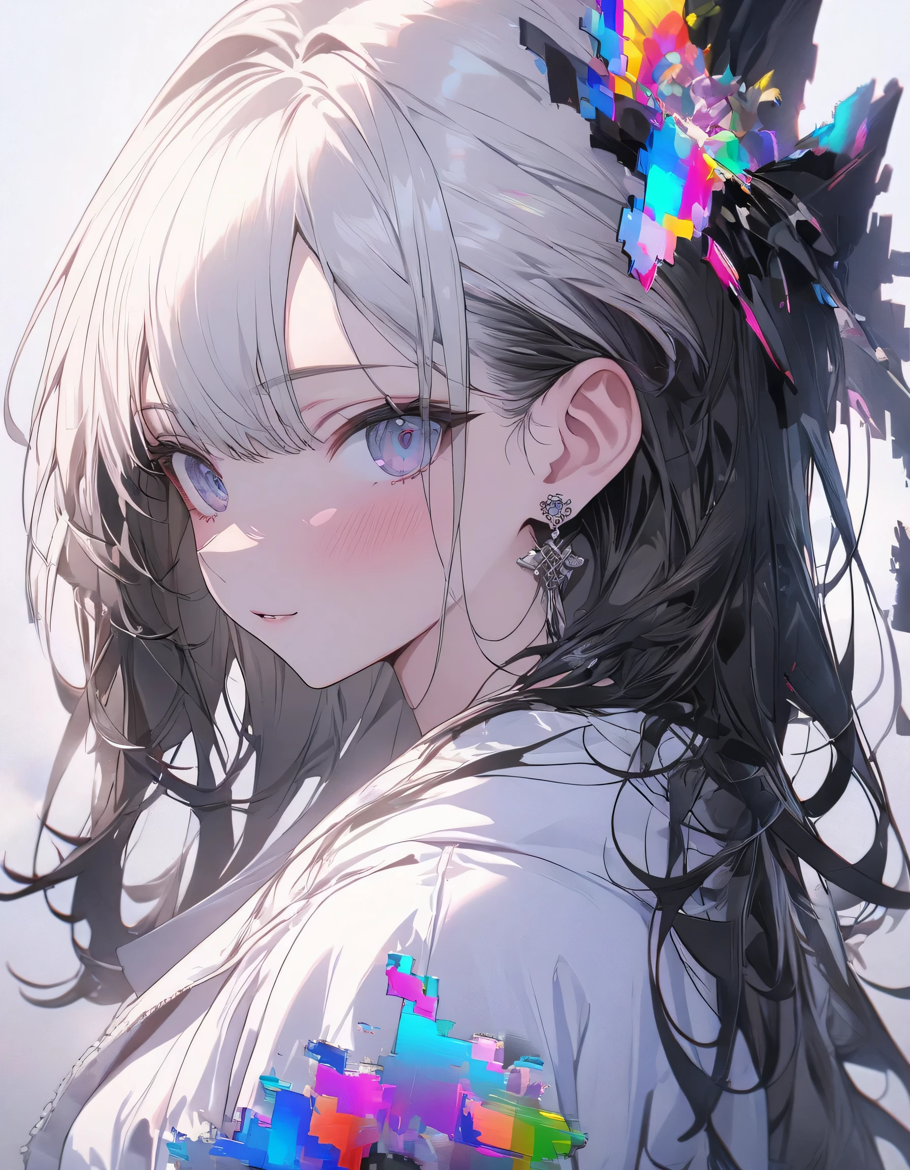 (masterpiece, highest quality, highest quality, (No text), Beautiful and aesthetic:1.2),No text,anime、 BREAK, 1 Girl, Glitch Art, (Digital Distortion), pixelated fragment, Data Corruption,Colorful Noise, Visual clutter,Modern aesthetics、(Black and white art:1.8)