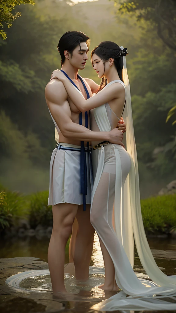 tmasterpiece!Man shirtless,Holding the tightly,Standing in the spring and kissing,The girl wrapped her body with a few strands of light tulle,exquisite facial features,wonderful body,Exposing the abdomen,Tightly wound,Flowers bloom by the spring,Live-action effect。3 D rendering。Ultra-clear image quality,Highest high resolution,The prince holds the beautiful princess,Stand in the spring,Exposing the abdomen,Sunlight shines through a thin light tulle,Exposing the abdomen,Sexy thighs。Revealing wonderful skin,Skin is delicate and radiant。Ultra-clear details。White jade-like transparency,Get wet,puss,Hug tightly,Transparent texture。Ultra-clear resolution,flowers blooming,Highest image quality,What a DSLR。A beautiful masterpiece。