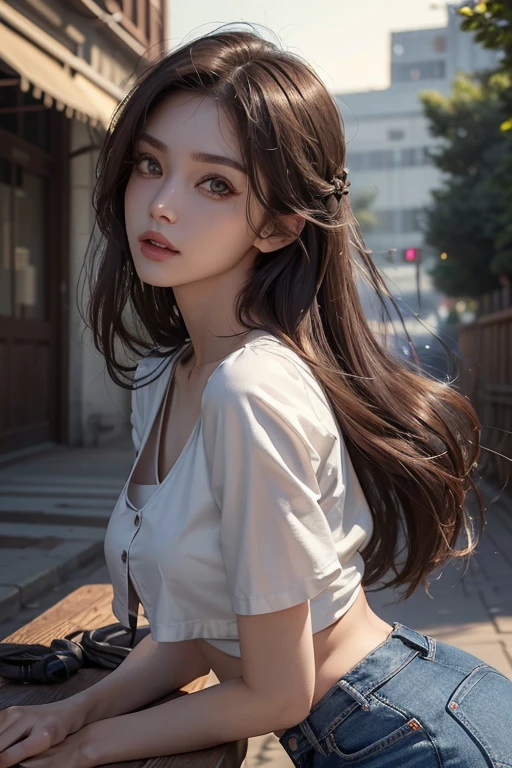 (best quality, 8k, Masterpiece :1.3), (realistic, photorealistic: 1.37), (1 girl), (Beautiful woman in her 20s), (thin), (Emphasize a slender stomach :1.3), (Korea), (loose white shirt, Jeans shorts that highlighted her big butt.), (Random pose), chest, The rift revealed, ((dark brown hair)), exquisite face, Open the show, Fantasy, thin figure, Very smooth face, Good eyes, Double eyelids, (long hair, Random hairstyle), (large chest :1.3), (outdoor), (Extraordinarily detailed face), (Detailed eyes), (Double eyelids), (Eyeshadow is more intense.), (Lots of eyelashes), (Long legs), (professional lighting), (Photon mapping), (Radiation), (Looking straight at the viewer)