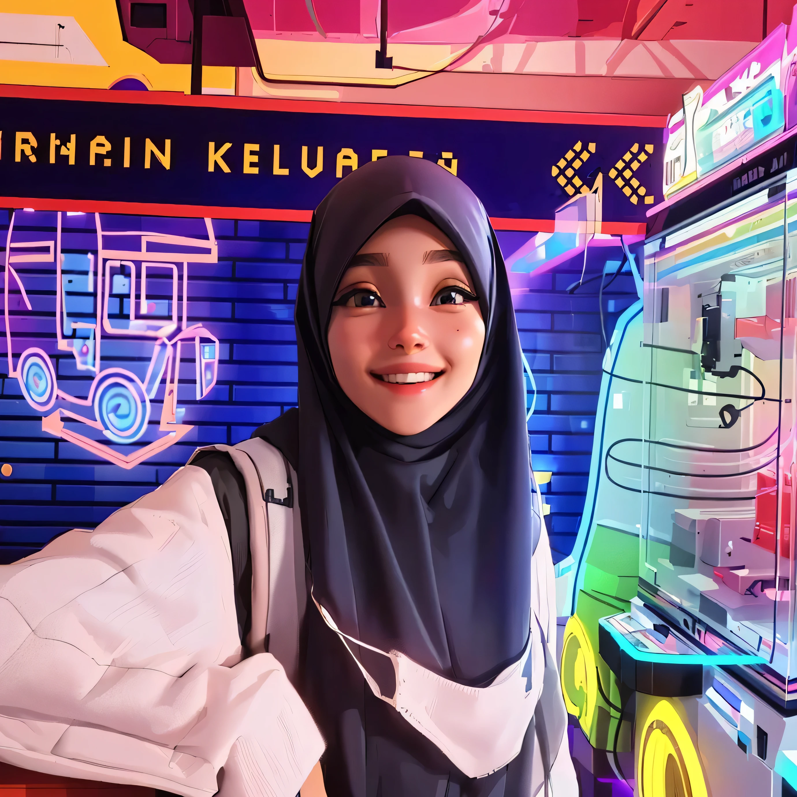 masterpiece, best quality, (extremely detailed CG unity 8k wallpaper), (best quality), (best illustration), girl in hijab standing in front of a vending machine, in a mall, at a mall, at cyberpunk city, in background, beauty girl, cute face, big eyes, smiling, shine skin tone