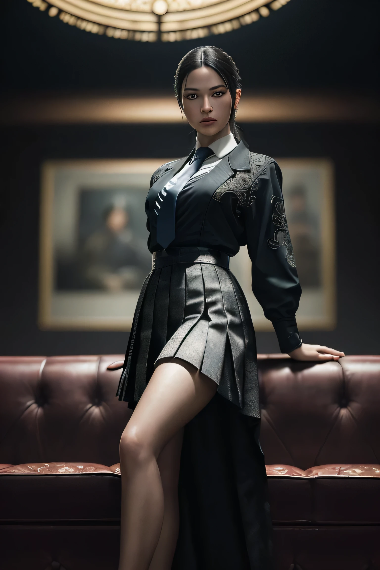 (masterpiece), (extremely intricate:1.3), (realistic), portrait of a girl, dark fantasy, (dynamic perspective), the most beautiful in the world, sitting on the couch, (kicking viewers), indoors, from below, shirt, tie, pleated skirt, high-heeled sandals, Kure, Hiroshima, professional photograph of a stunning woman detailed, sharp focus, dramatic, award winning, cinematic lighting, octane render unreal engine, volumetrics dtx, (film grain, blurry background, blurry foreground, bokeh, depth of field), smirk