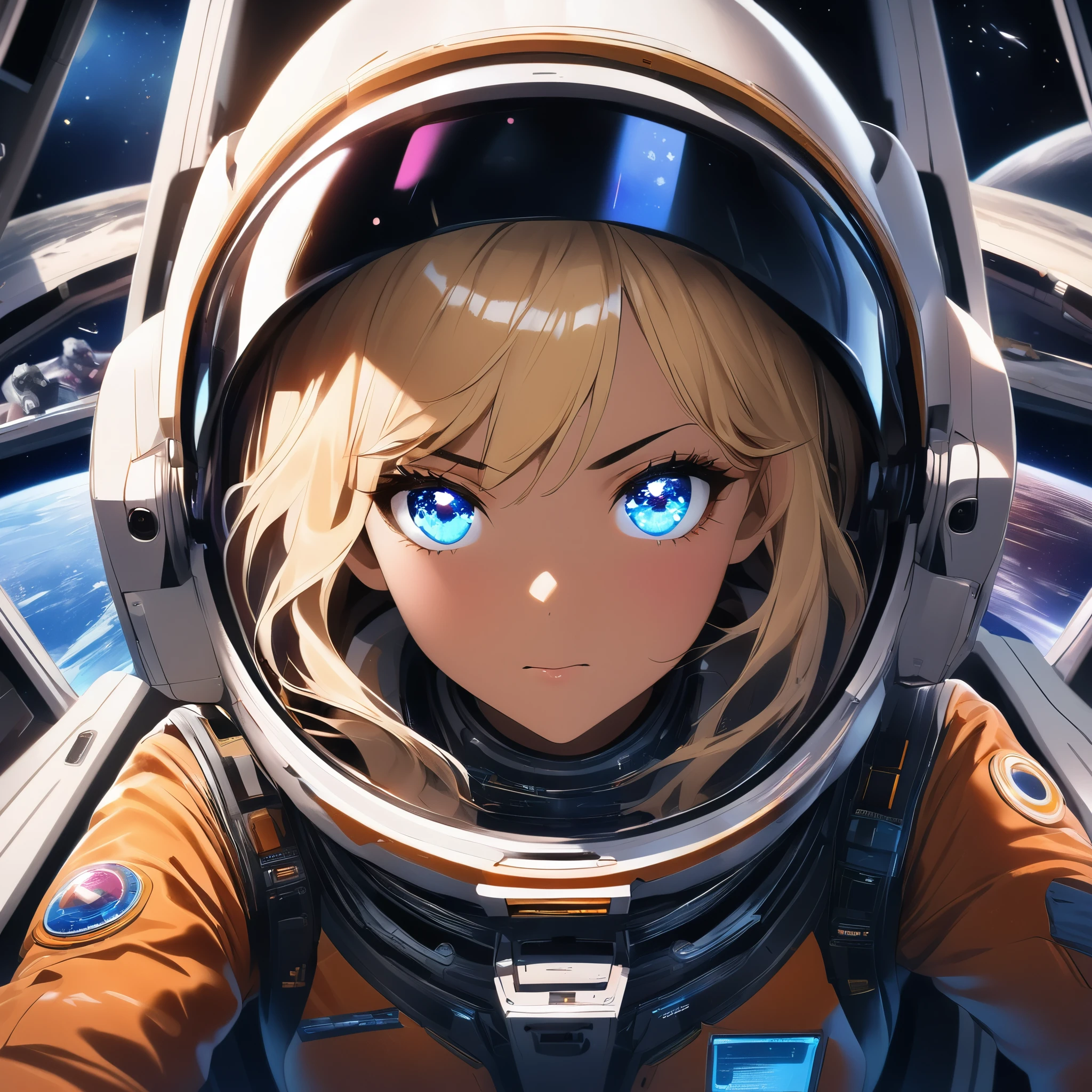 A girl with blonde hair in the cockpit of a spaceship, (best quality,realistic) vibrant colors, (studio lighting:1.1), (ultra-detailed:1.1) facial features, (portrait) exploring unknown galaxies, (shiny metal) spaceship controls, (light reflections), (beautiful detailed eyes), (determined expression), (futuristic), (modern technology), (sleek design), (astronaut suit), (star-filled window view), floating objects, (advanced holographic displays), (multicolored buttons), (digital interface), (command center), (flying amidst nebula), (deep space backdrop), (starlight illuminating the cockpit), (glowing control panels), (stellar interior design), (sharp focus), (high contrast), (dramatic compositions), (dynamic camera angles), (sleekly designed spaceship), (space exploration:1.1), (adventure), (majestic).