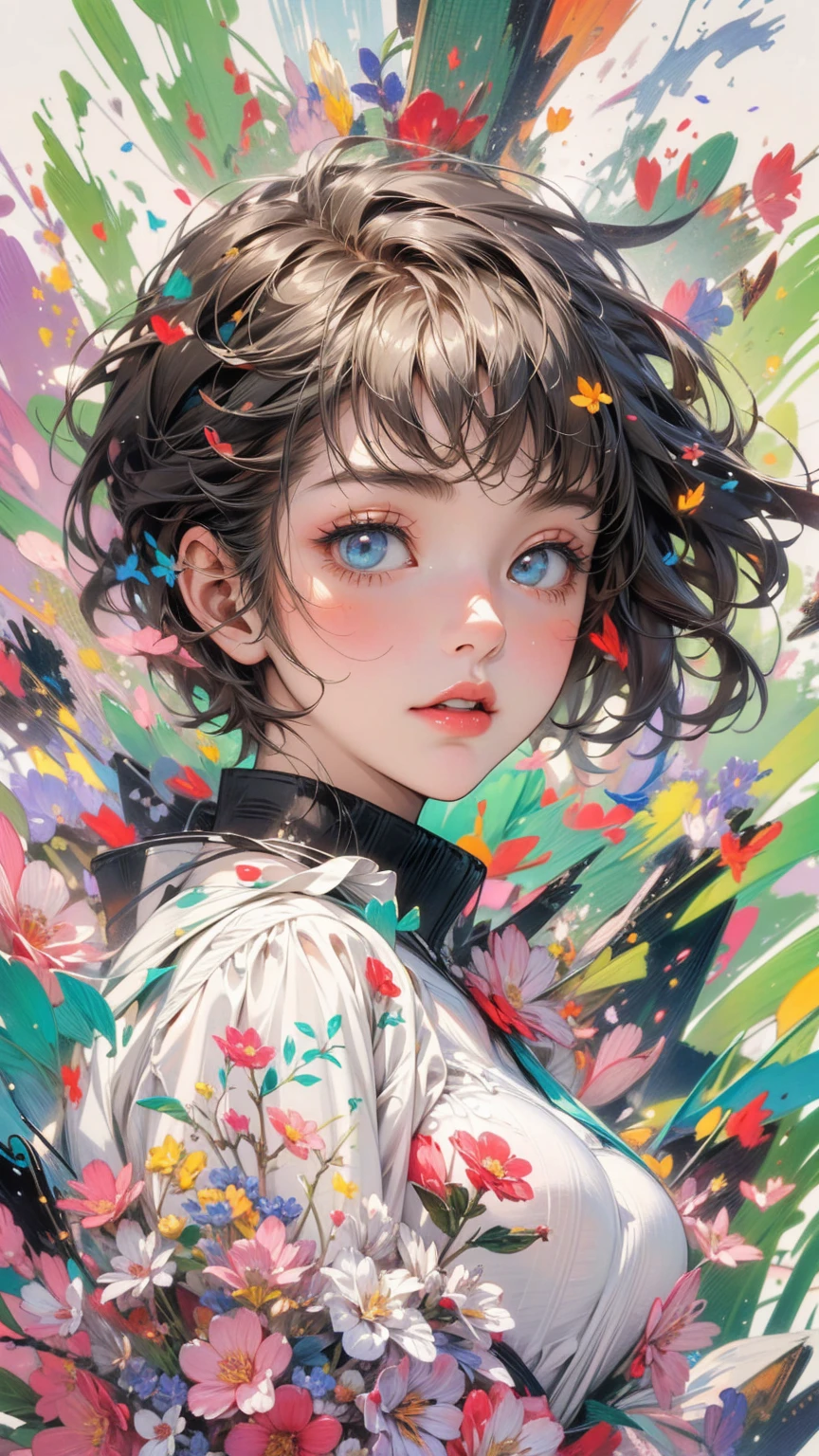 (masterpiece, High resolution, highest quality), Composition from head to thighs:1.3, Upper body focus, 20-year-old woman, Asymmetrical short hair, Disorganized, Petals and paint collage, abstract design, artistic juxtapositions, mixed-media approach, Anime Style, simple lines, Digital Painting,