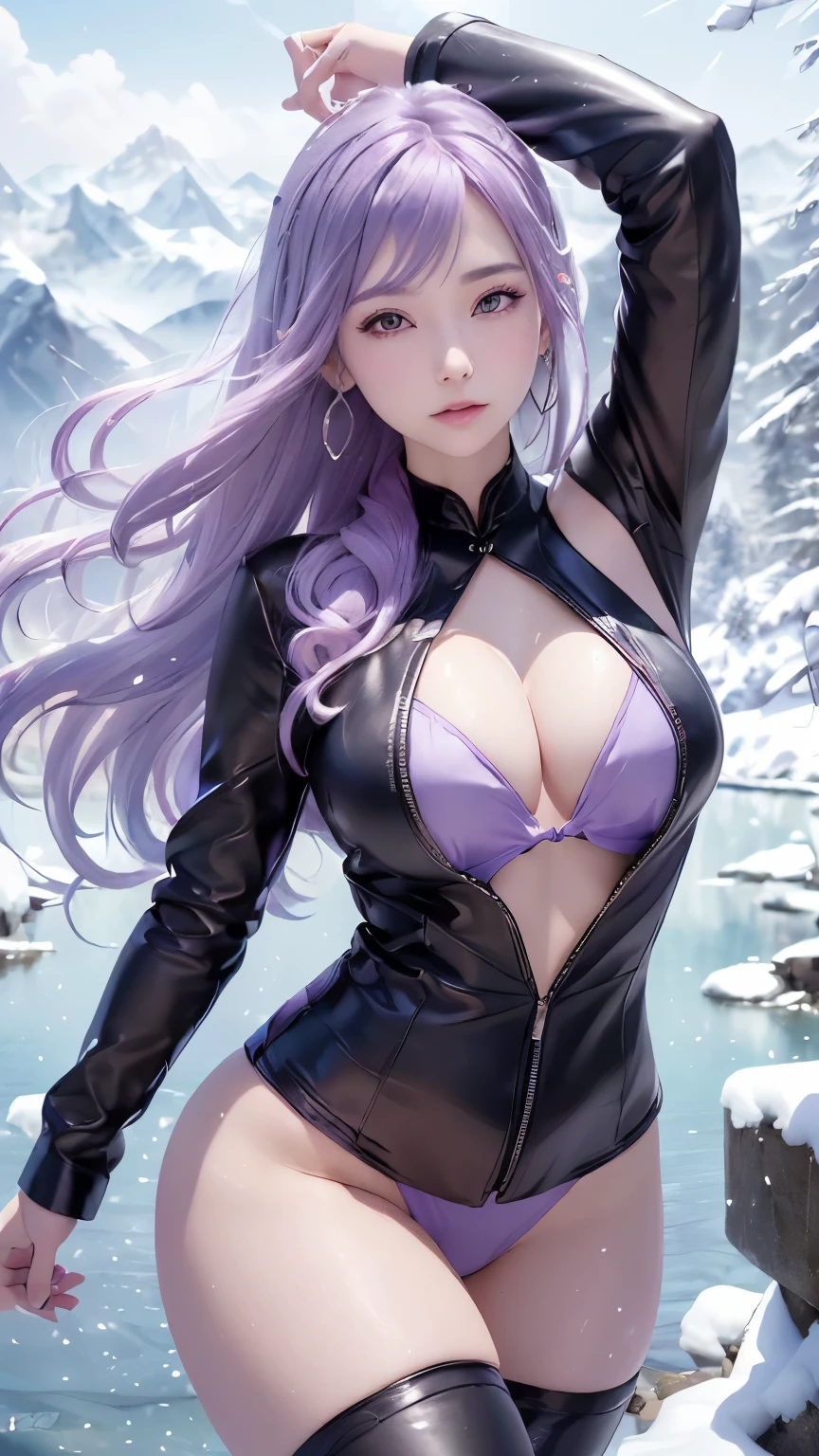 (logo、masterpiece、8k、Tabletop、RAW Photos、wonderful、最high quality、フォトリアルでVery detailedなCG統合8k壁紙、high quality、Very detailed、Narrative poem、Particle Effects、Dynamic Effects、Depth of text、Cinematic Light、Lens flare、Ray Tracing）、Fantasy、（1 beauty、Light purple hair、Beautiful Face、Real Face、Detailed eyes、Beautiful Skin、woman dancing gracefully:1.7、woman dancing gracefully:1.7)、Windになびく髪、髪弾む髪がWindに舞う、Hair Jump、Halter neck、Leather Pantsuit、leather jacket、Silver Earrings、night、Wind、darkness、雪とhoarfrost、Frozen Winter Day、snow-capped mountains and forests、hoarfrost、Snow-capped mountain々、The beauty and brilliance of frost-covered trees、Silent and beautiful grasslands in a world of ice and snow、vast land、Lakeside、wonderful景色、美しい自然のWindの景色、night空、Wind、cherry blossoms、cherry blossomsの花びらが舞っている、cherry blossoms吹雪、Falling petals