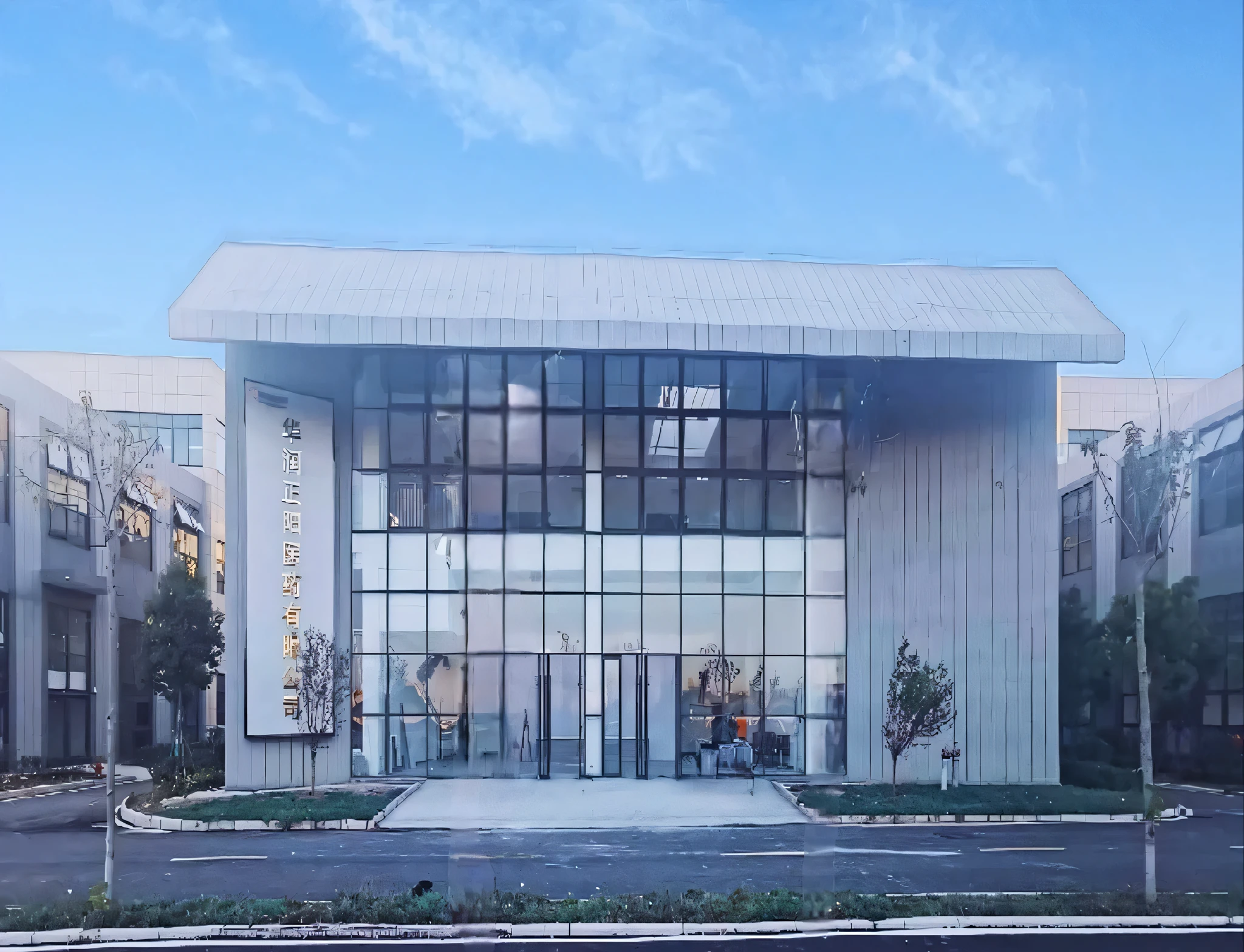 There is a building there,The front is glass,There is another street, modern technology building, office building, building orientation, full view, Research center, 2022 Wide Angle Exterior, laboratory, medical research facilities, Front view, zhuoxin ye, transparent building, clear focus illustration hq, jinyiwei, research complex, Introduction Factory Photos