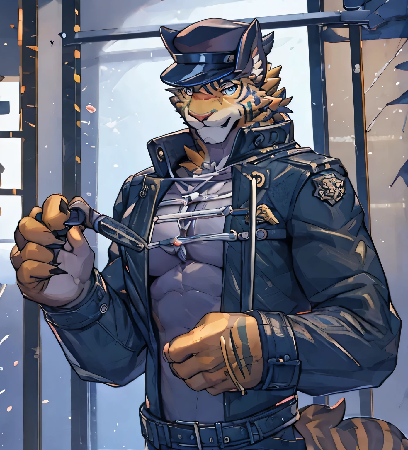 Ridiculed，4k, Practical, High Detail, Super detailed, Leopard，juvenile，police，Golden fur，Strong body，Leather jacket，look at screen，Hand holding a whip，The background is a prison，individual。Wearing a police cap