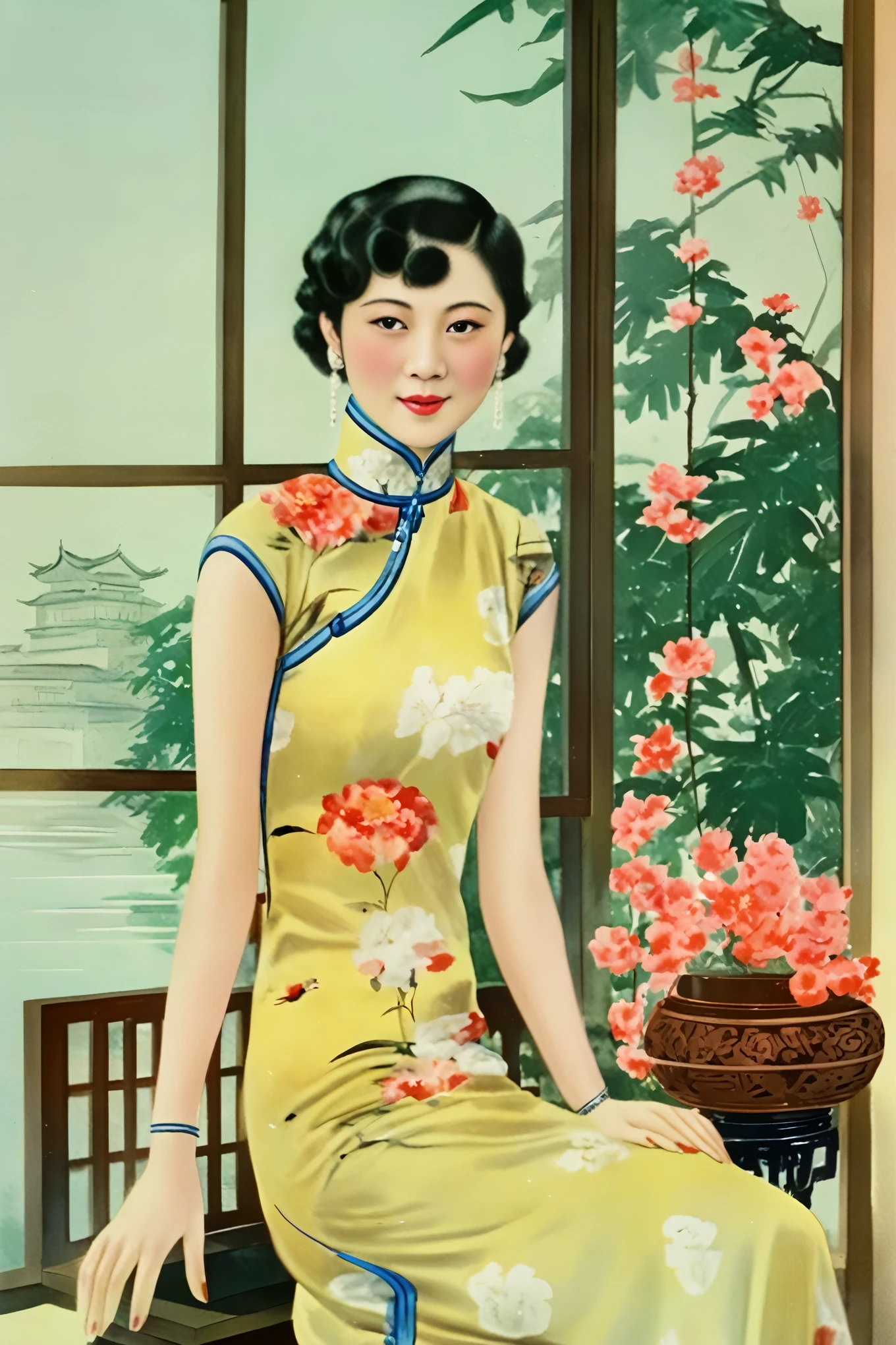 masterpiece,best quality,1 Girl,wearing cheongsam，Holding flowers, phonograph, Sitting by the window，Retro old Shanghai style，chp1920s,Bangs, sitting, Chair, chp1920s,Looking at the audience,(Beautiful and delicate face), (Beautiful and delicate eyes),