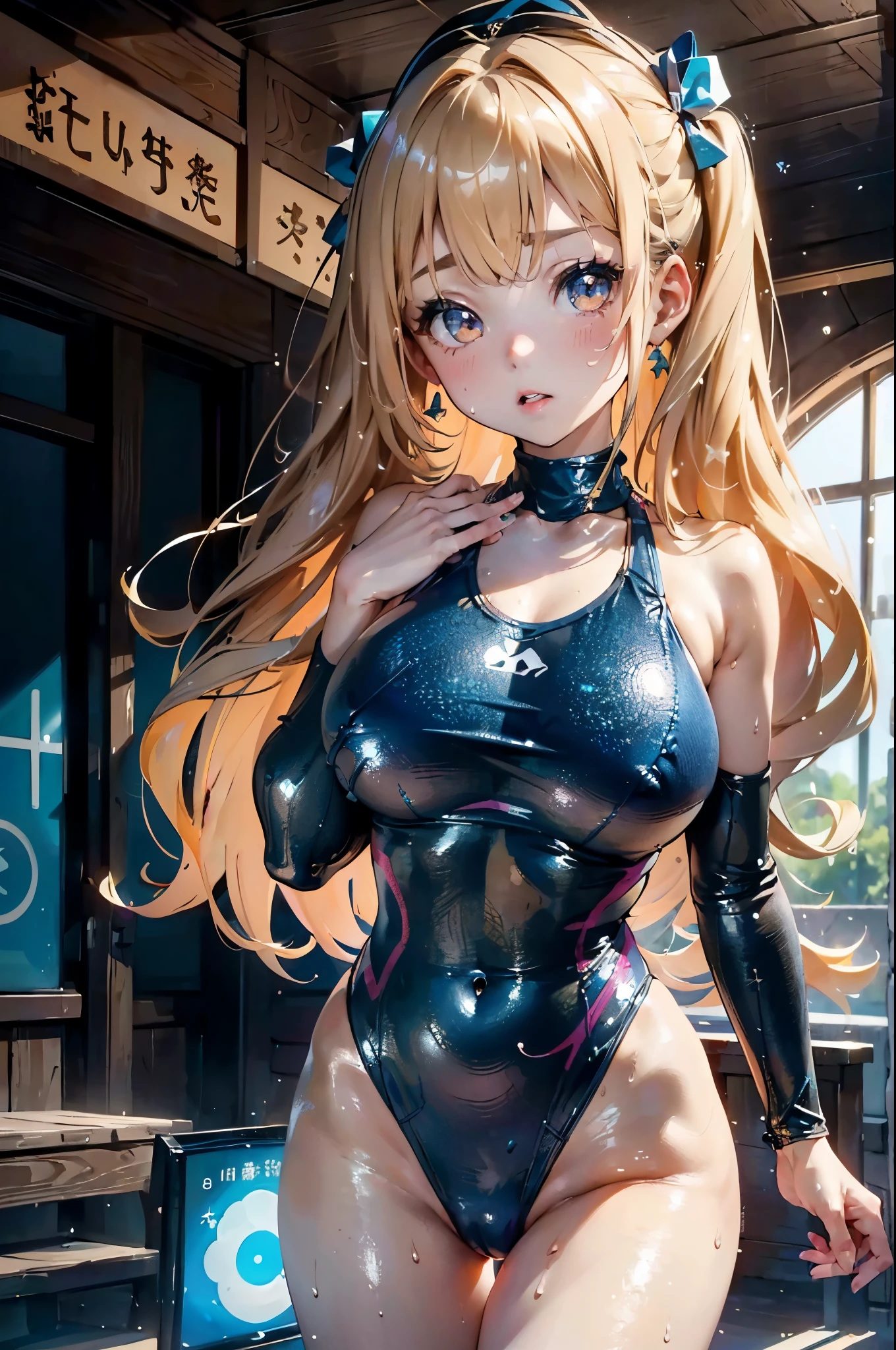 Practical、Ultra high color、8k、Blonde hair with long curly hair(((12 year old girl)))、((((She was wearing a blue and black long-sleeved swimsuit。))))competitive swimmer、Please make your thighs thicker、Focus on muscle development。、Various sexy pose 競泳プールolympic Comcompetitive swimmerics stadium 美しい顔, Highly detailed face and skin texture, (Fine lines around eyes, Double eyelids, thin eyebrows, Glitter Eyeliner: 1.2, natural cheeks, Glowing skin, White skin,, (Glossy lips: 1. 4),Sweating 1.0、(((vitality)))((Huge breasts)),Grooves reveal original skin