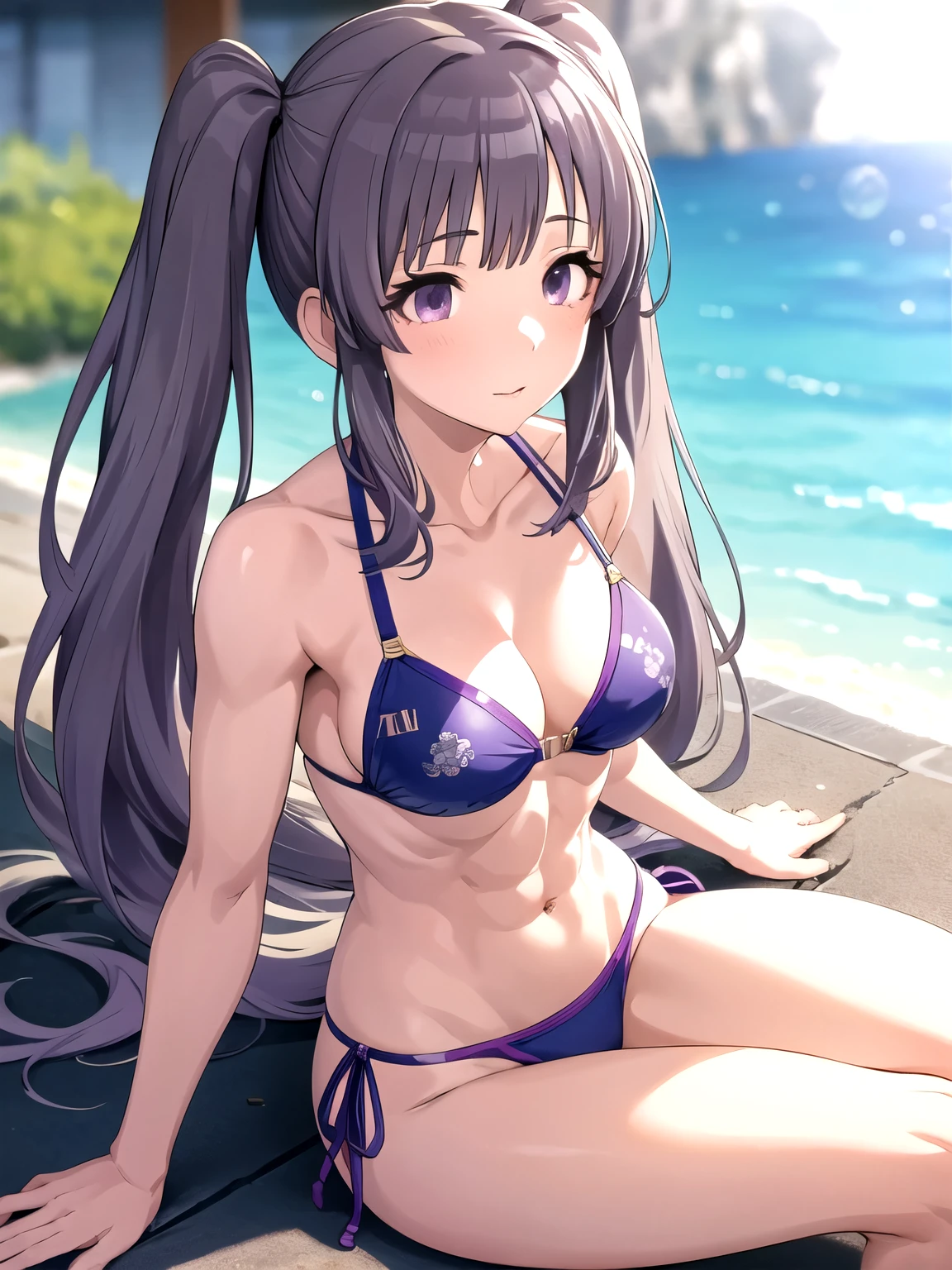 yukoku kiriko, shiny colors, masterpiece, face close up, (abs:1.1), bikini, twintail, detailed face, muscular, sitting, slender