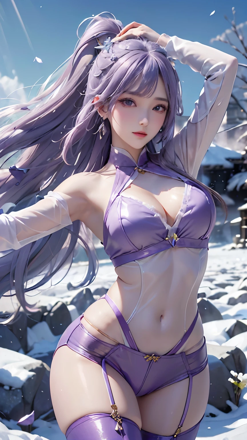 (logo、masterpiece、8k、Tabletop、RAW Photos、wonderful、最high quality、フォトリアルでVery detailedなCG統合8k壁紙、high quality、Very detailed、Narrative poem、Particle Effects、Dynamic Effects、Depth of text、Cinematic Light、Lens flare、Ray Tracing)、Fantasy、(1 beauty、Light purple hair、Beautiful Face、Real Face、Detailed eyes、Beautiful Skin、woman dancing gracefully:1.7、woman dancing gracefully:1.7)、Windになびく髪、髪弾む髪がWindに舞う、Hair Jump、Light purple halter neck、Light purple leather pants suit、Light purple leather jacket、Silver Earrings、night、Wind、darkness、雪とhoarfrost、Frozen Winter Day、snow-capped mountains and forests、hoarfrost、Snow-capped mountain々、The beauty and brilliance of frost-covered trees、Silent and beautiful grasslands in a world of ice and snow、vast land、Lakeside、wonderful景色、美しい自然のWindの景色、night空、Wind、cherry blossoms、cherry blossomsの花びらが舞っている、cherry blossoms吹雪、Falling petals
