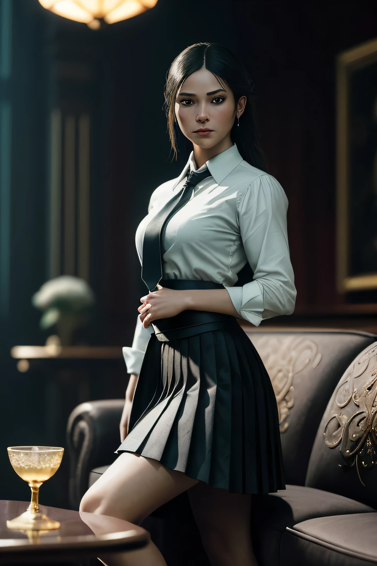 (masterpiece), (extremely intricate:1.3), (realistic), portrait of a girl, (dark fantasy, gore), (dynamic perspective), the most beautiful in the world, (kick viewers lightly), indoors, from below, shirt, tie, pleated skirt, high-heeled sandals, smirk, distant couch, Hirosaki, Aomori, professional photograph of a stunning woman detailed, sharp focus, dramatic, award winning, cinematic lighting, octane render unreal engine, volumetrics dtx, (film grain, blurry background, blurry foreground, bokeh, depth of field)