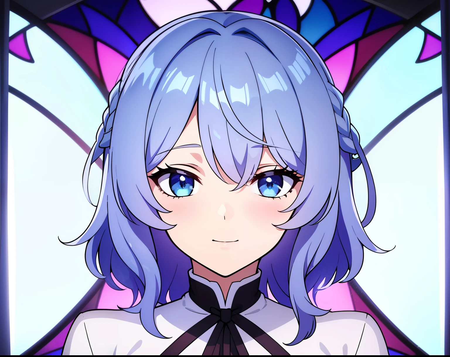 (high-quality, breathtaking),(expressive eyes, perfect face) portrait, 1girl, female, solo, teenager, Symmetrical Eyes, , bright blue cyan color eyes, short hair length, soft wavy flowy hair, loose hair, soft smile, side bangs, braid hair with ribbon, looking at viewer, happy expression, tarot card reader, tarot card, white long sleeved shirt, dark brown color hair, grey background, stain glass mirror lighting background
