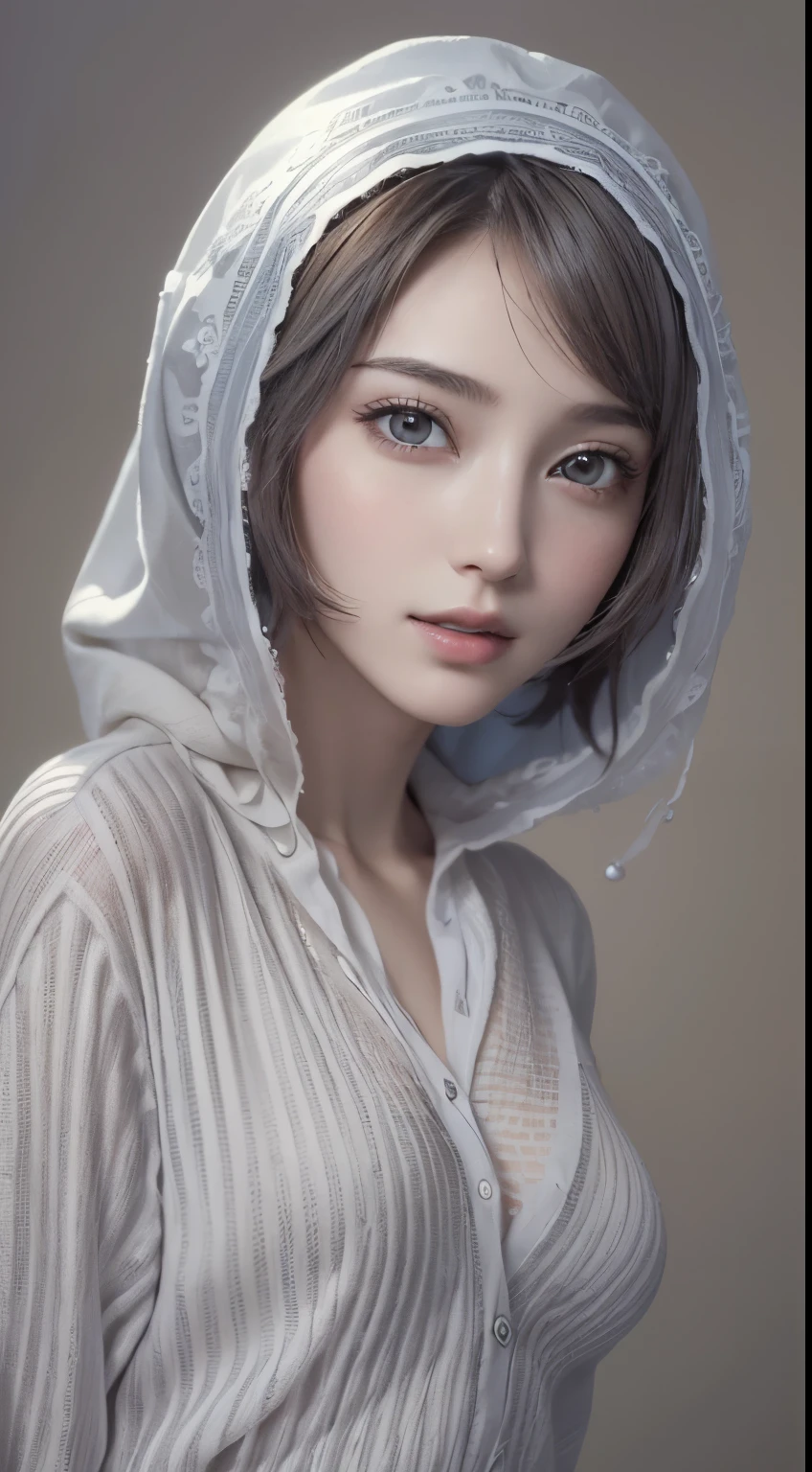 (masterpiece、best quality、photorealistic、high resolution、photo、:1.3)、very close shot、Sharp focus、30 years old adult、Popular Models、Very detailed eyes and pupils、realな肌、slim body、cleveage、short hair、Dark brown hair、Exquisite and sexy face、Sensual Gaze、Glossy lips、((I&#39;I穿着一件拉链背心运动衫)、Small Breasts、Bust B cup、((real、 超real、realism、realなディテール)、Gray background